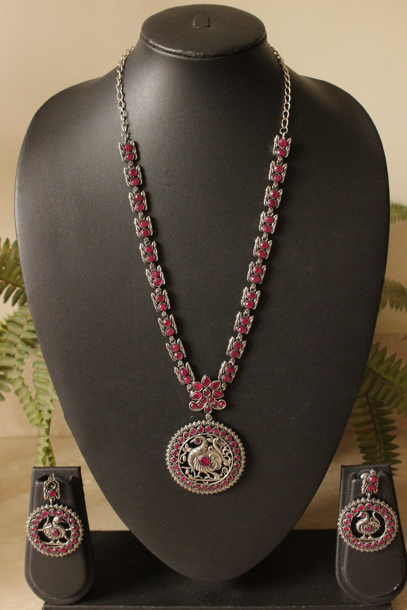 Pink Stones Embedded Peacock Motif Oxidised Finish Long Necklace Set