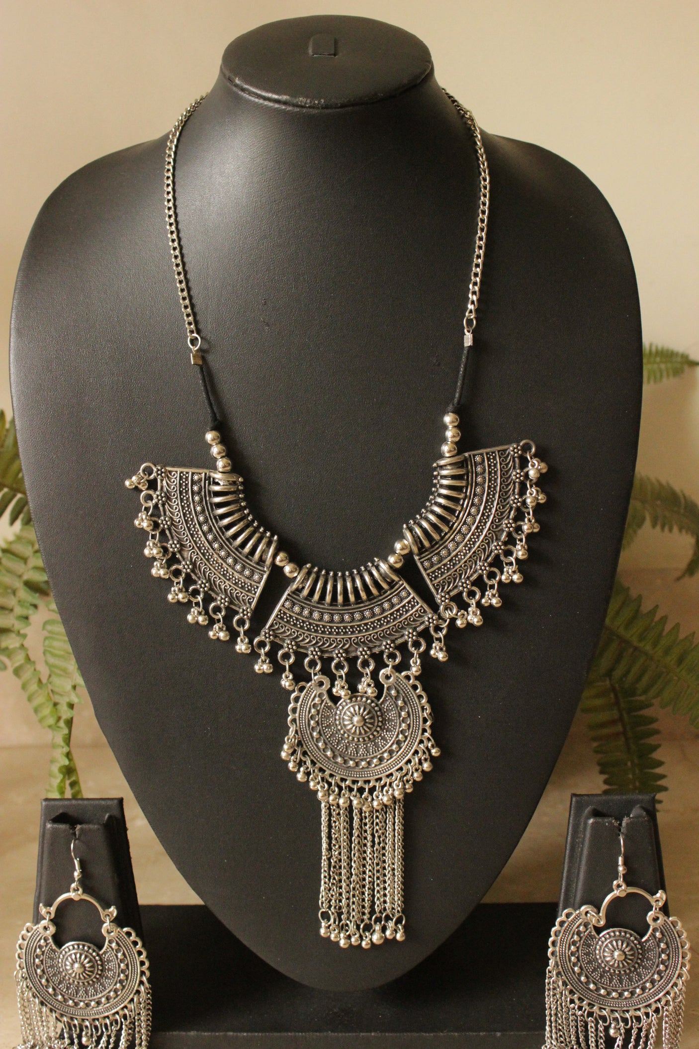 Oxidised Finish Intricately Detailed Choker Style Long Necklace Set
