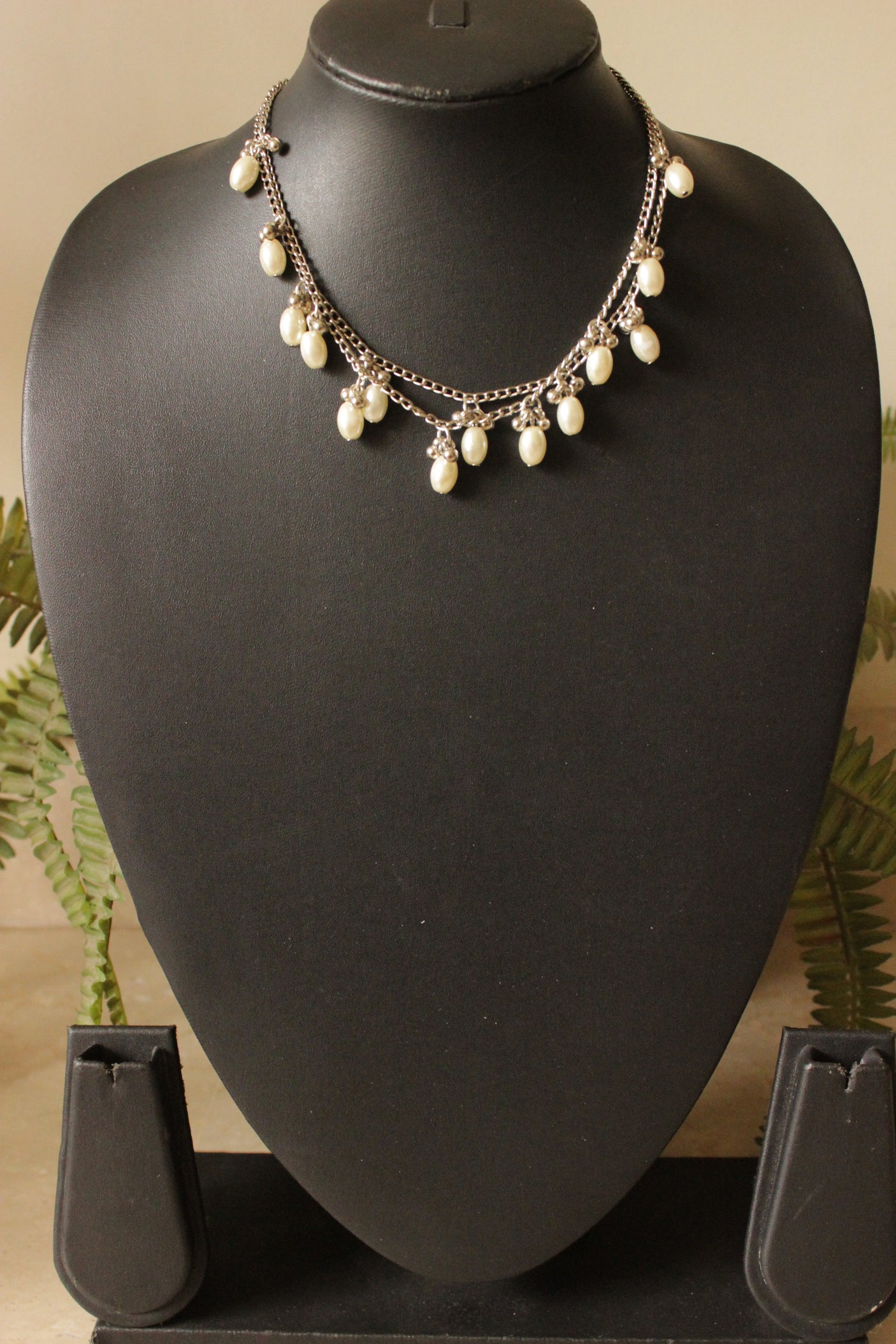 Ivory Pearl Beads and Ghungroo Beads Metal Chain 2-Layer Necklace