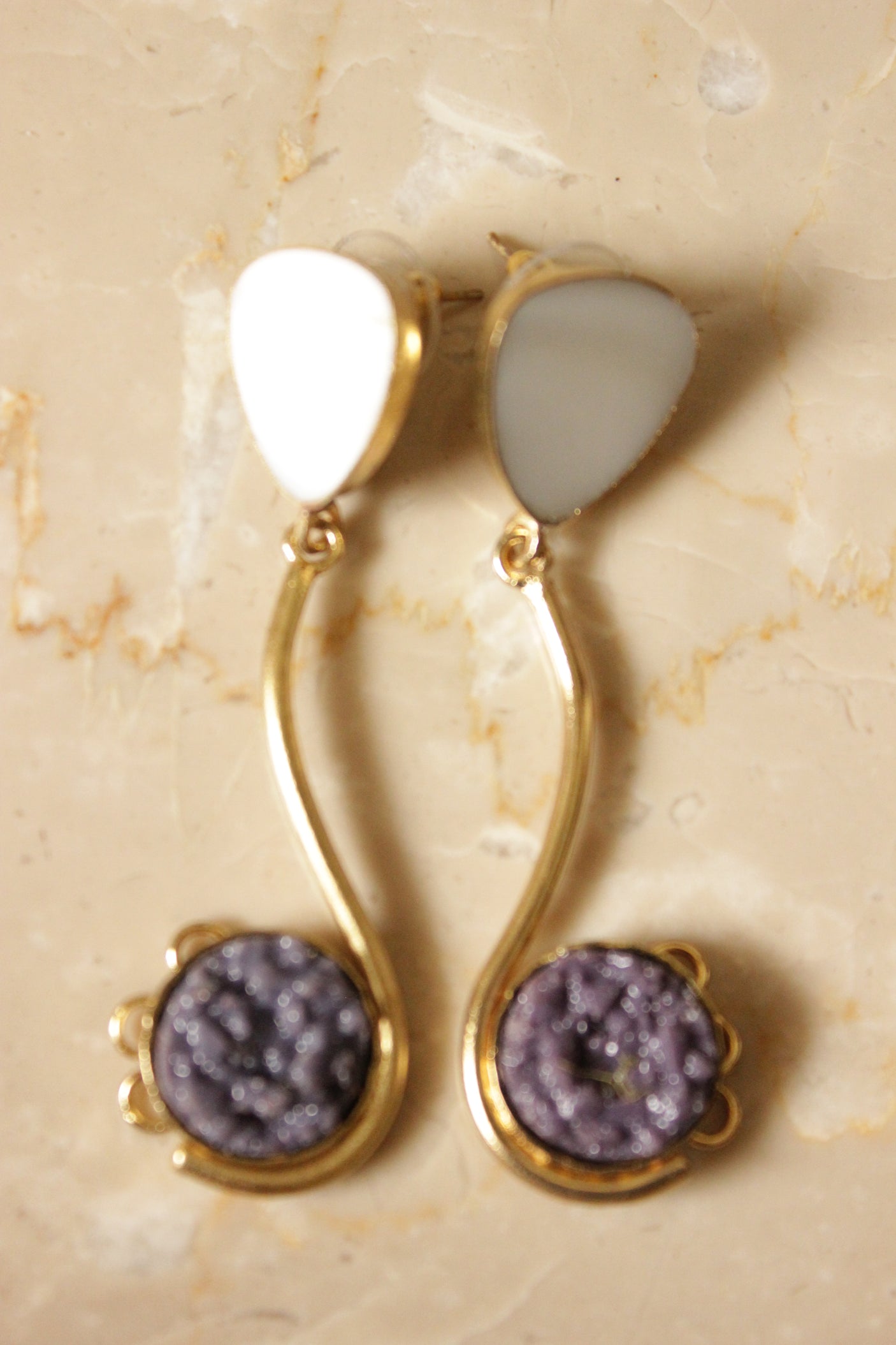 Ivory and Purple Druzy Natural Gemstone Gold Toned Earrings