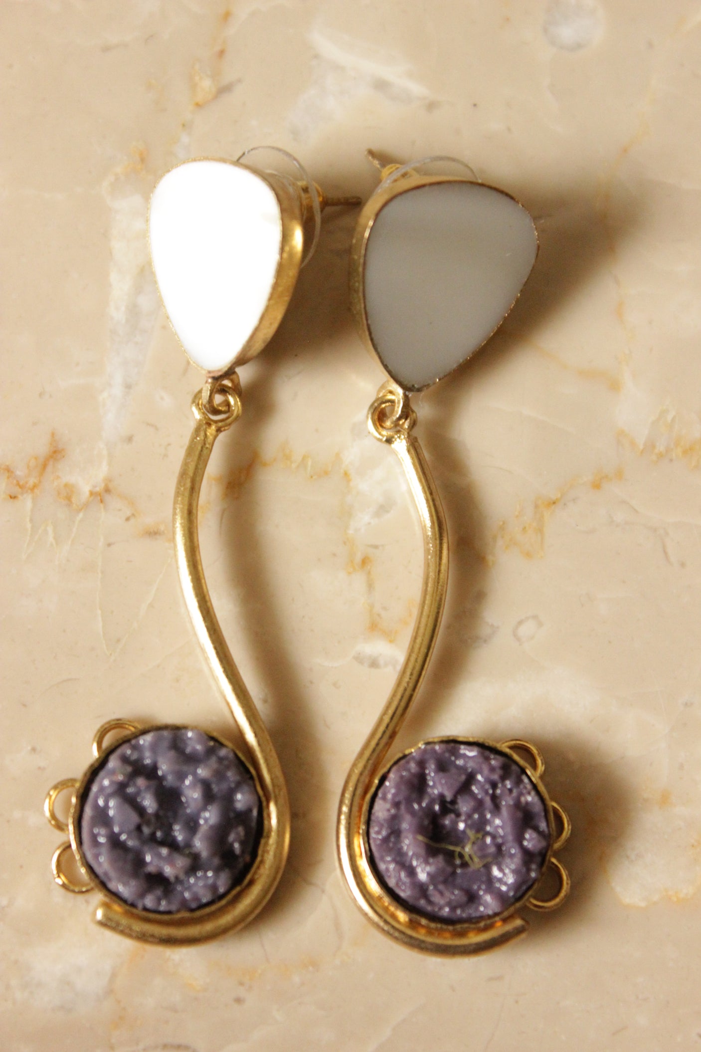 Ivory and Purple Druzy Natural Gemstone Gold Toned Earrings