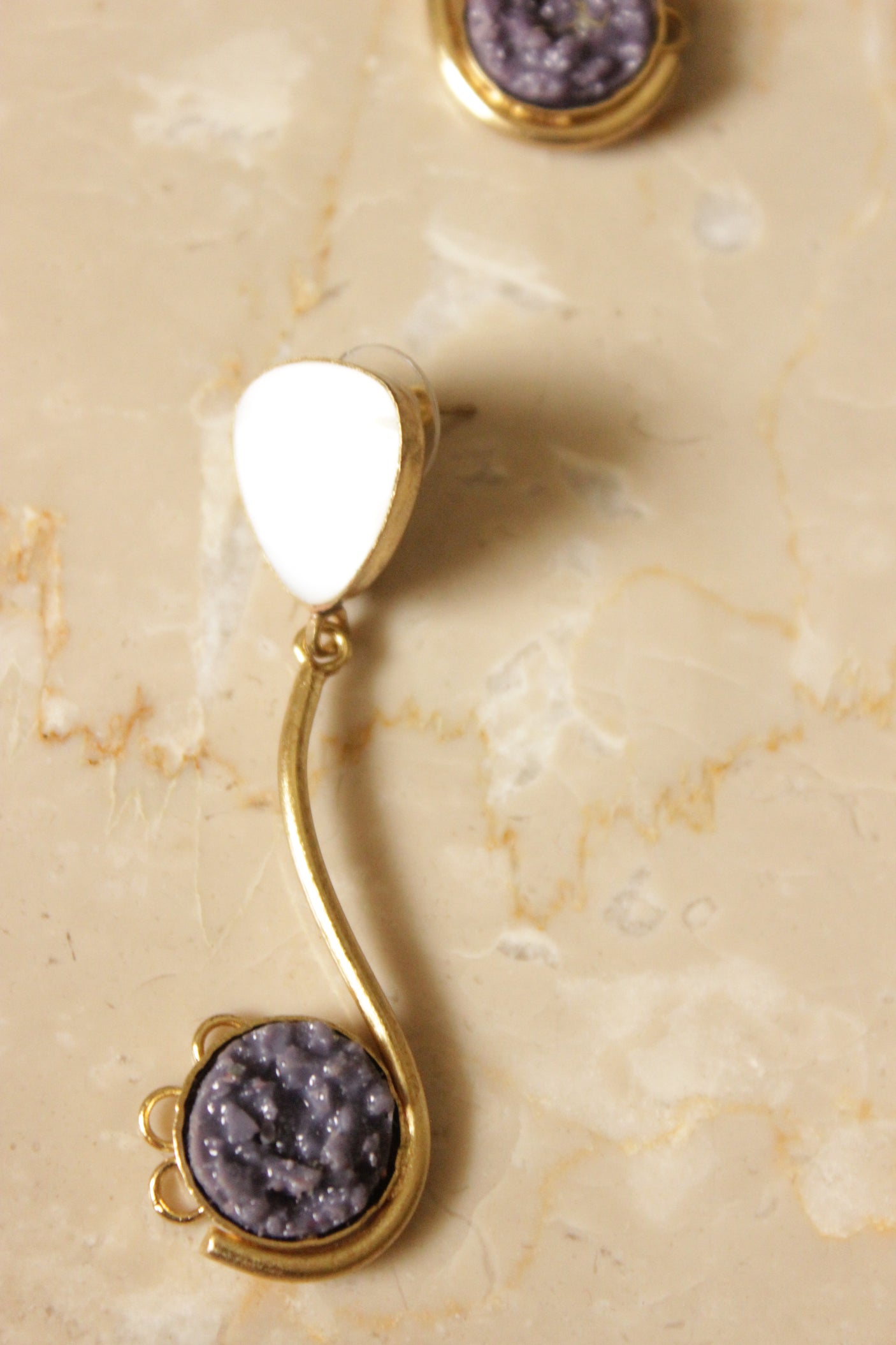 Ivory and Purple Druzy Natural Gemstone Gold Toned Earrings