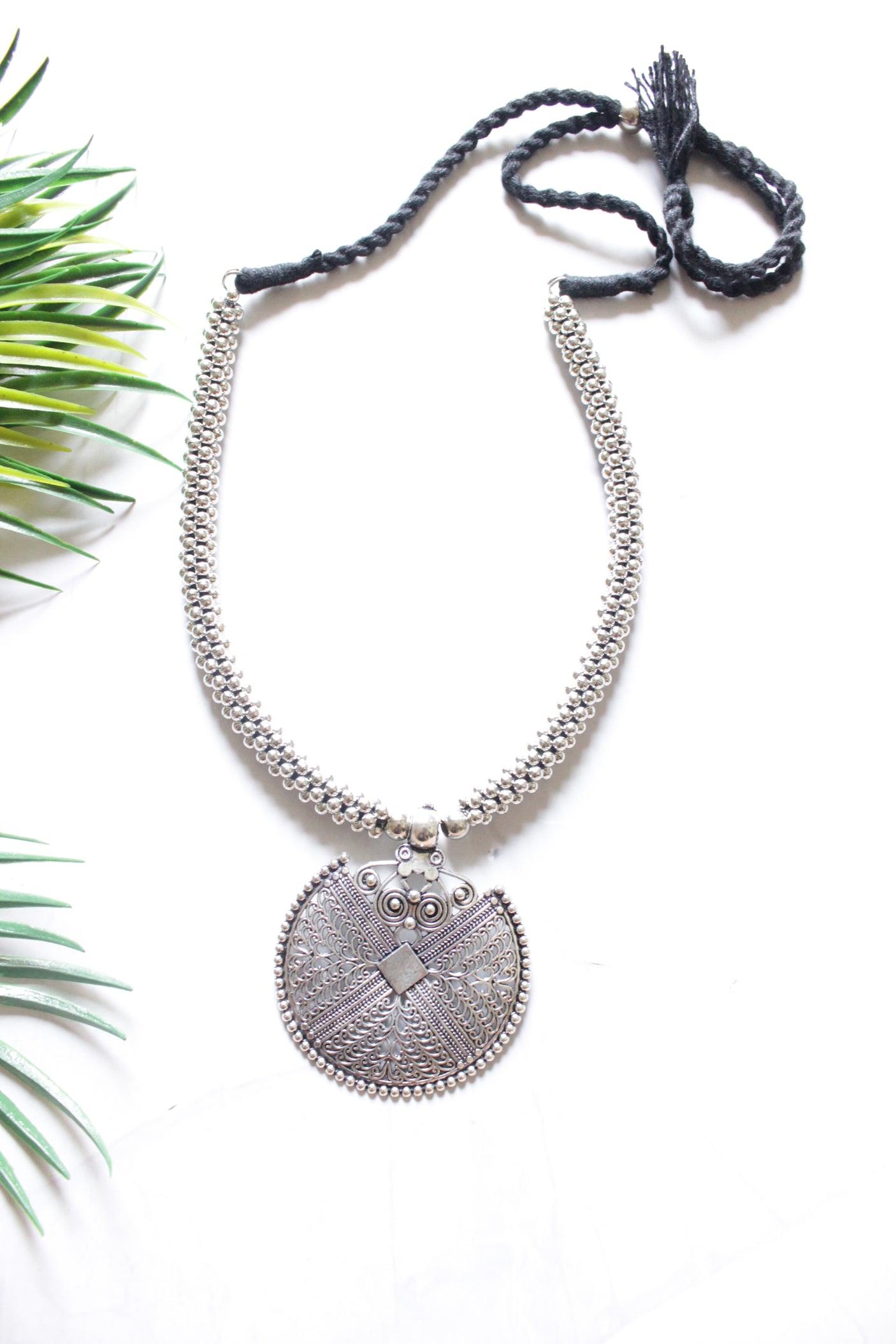 Oxidised Finish Metal Pendant and Beaded Chain Adjustable Closure Metal Necklace