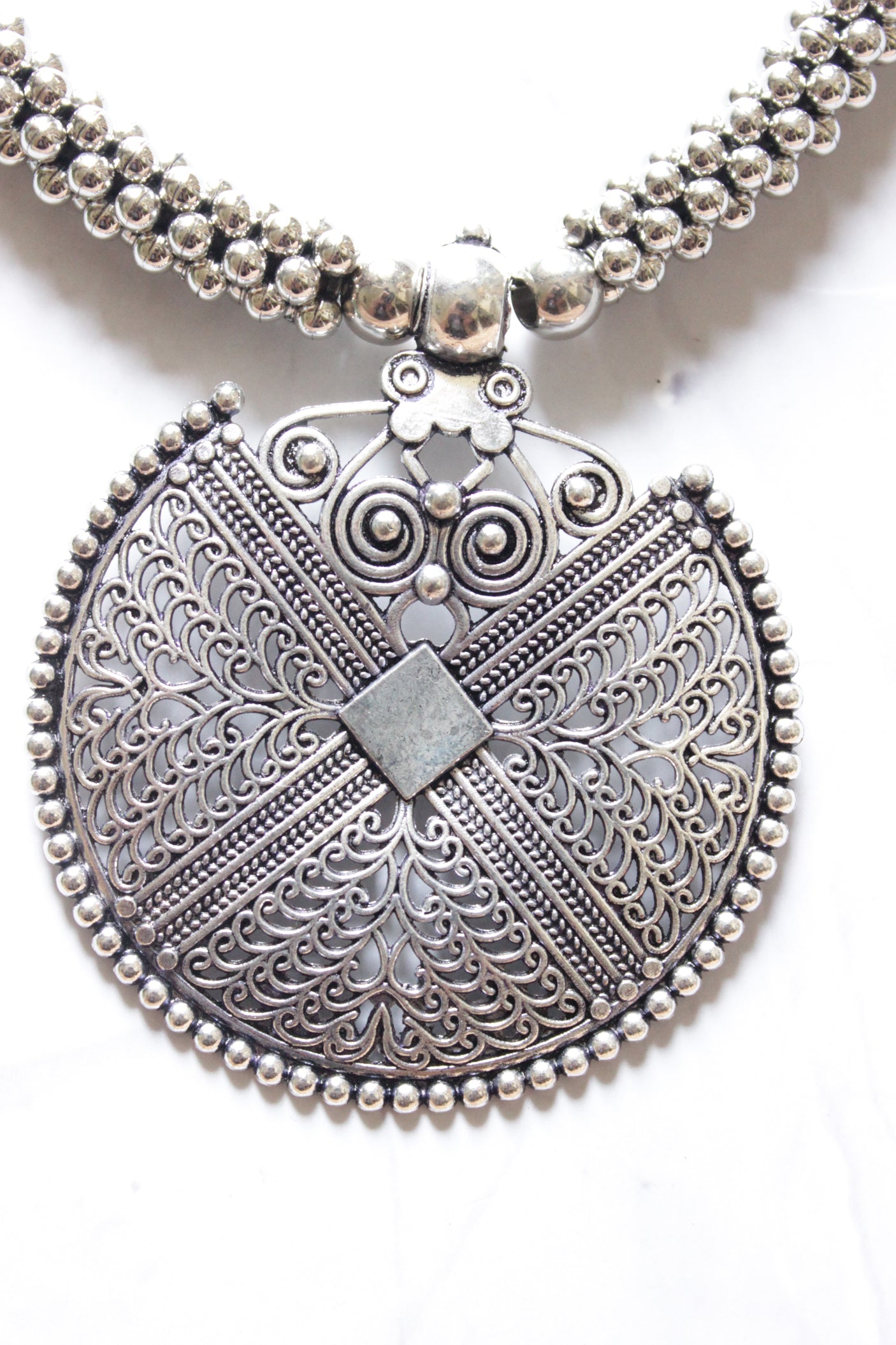 Oxidised Finish Metal Pendant and Beaded Chain Adjustable Closure Metal Necklace