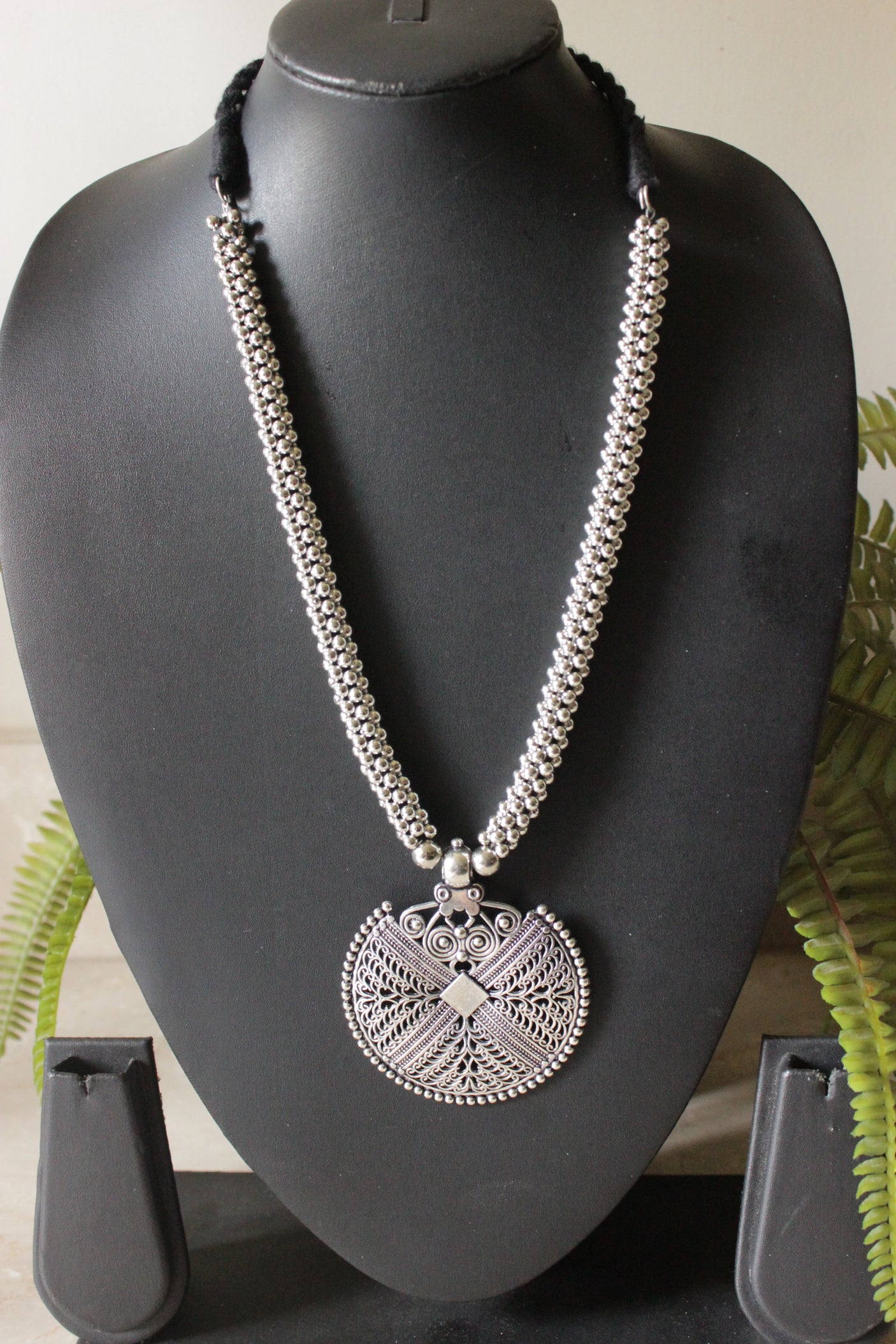 Oxidised Finish Metal Pendant and Beaded Chain Adjustable Closure Metal Necklace