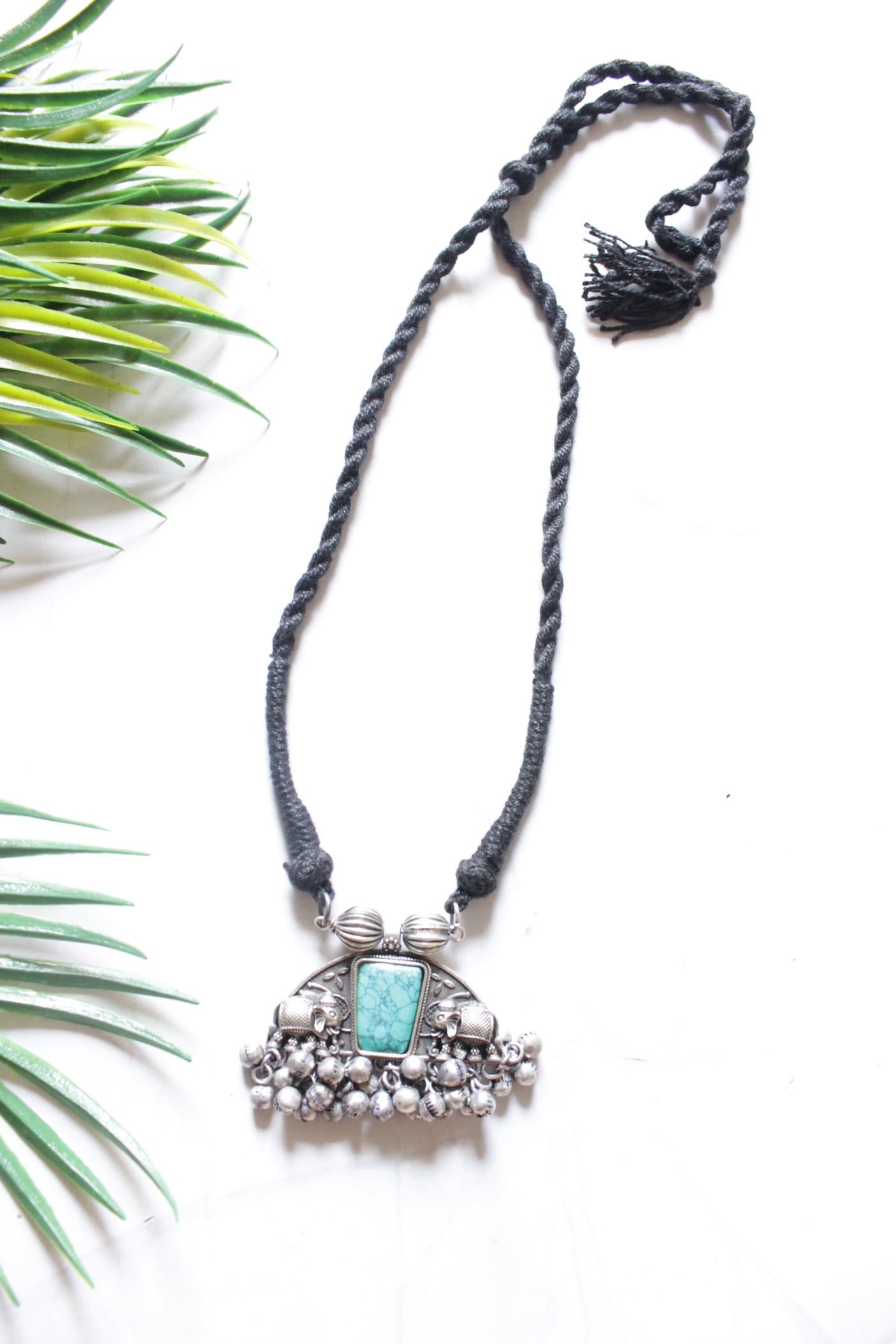 Turquoise Center Stone Oxidised Finish Pendant Adjustable Thread Closure Necklace
