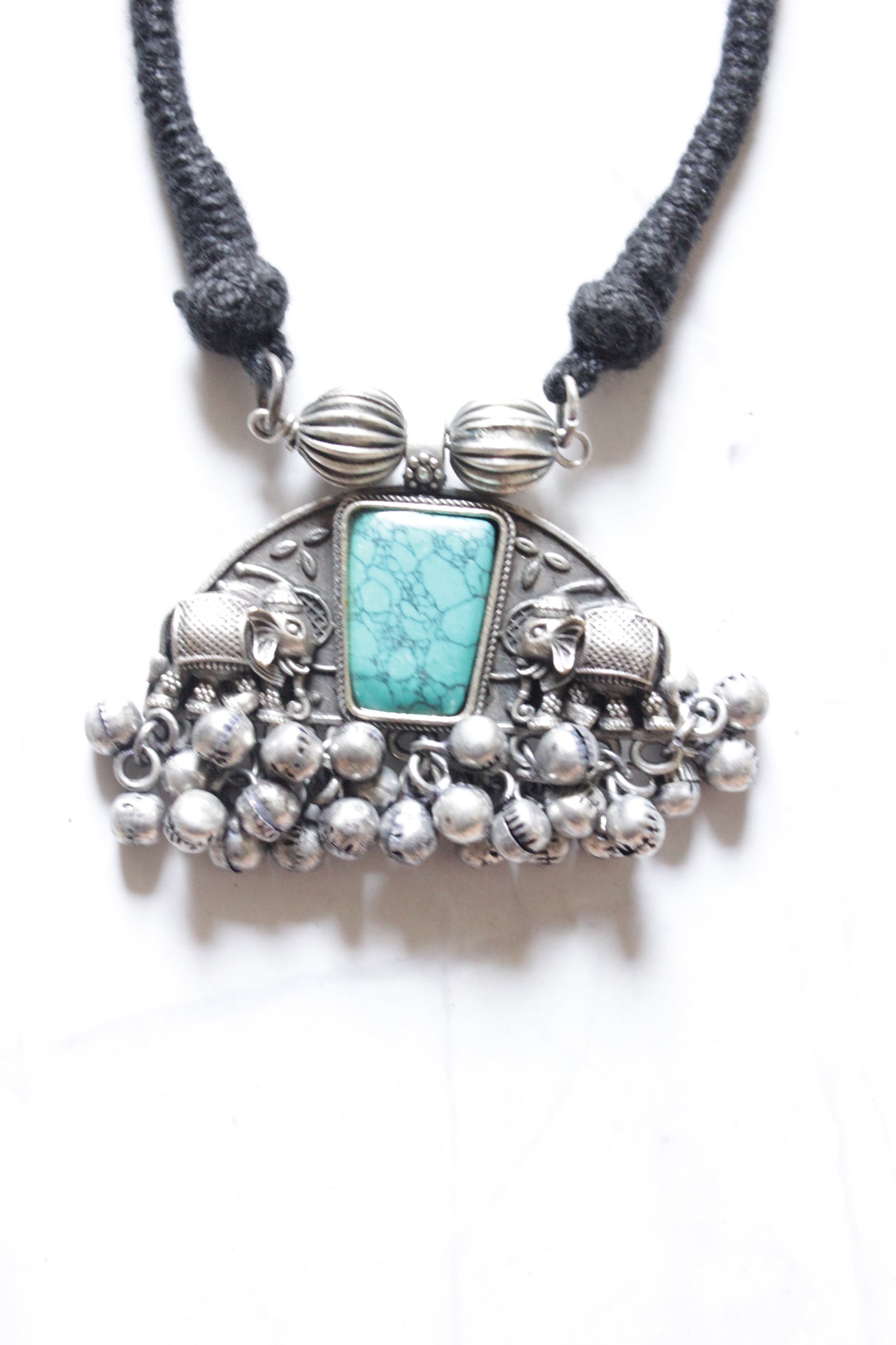 Turquoise Center Stone Oxidised Finish Pendant Adjustable Thread Closure Necklace