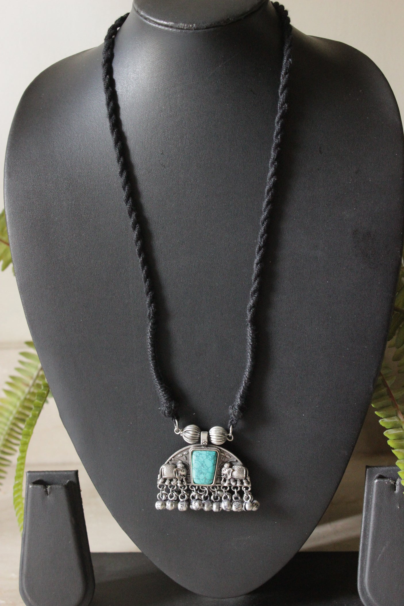 Turquoise Center Stone Oxidised Finish Pendant Adjustable Thread Closure Necklace