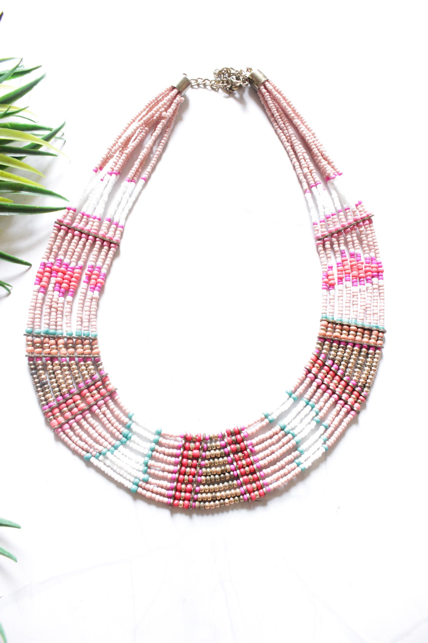 Shades of Pink and Blue Beads Intertwined with Gold Beads Multi-Layer Necklace