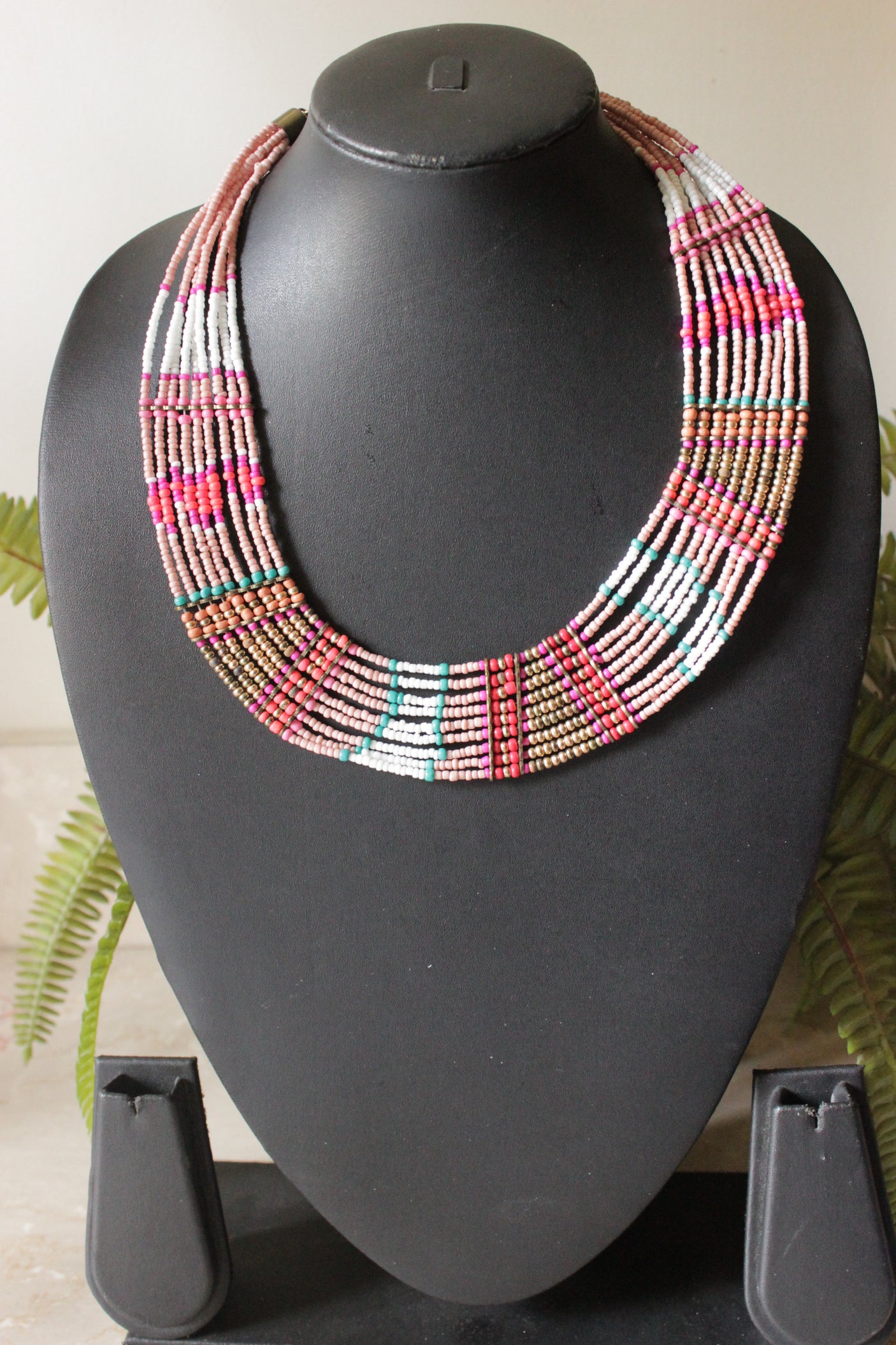 Shades of Pink and Blue Beads Intertwined with Gold Beads Multi-Layer Necklace