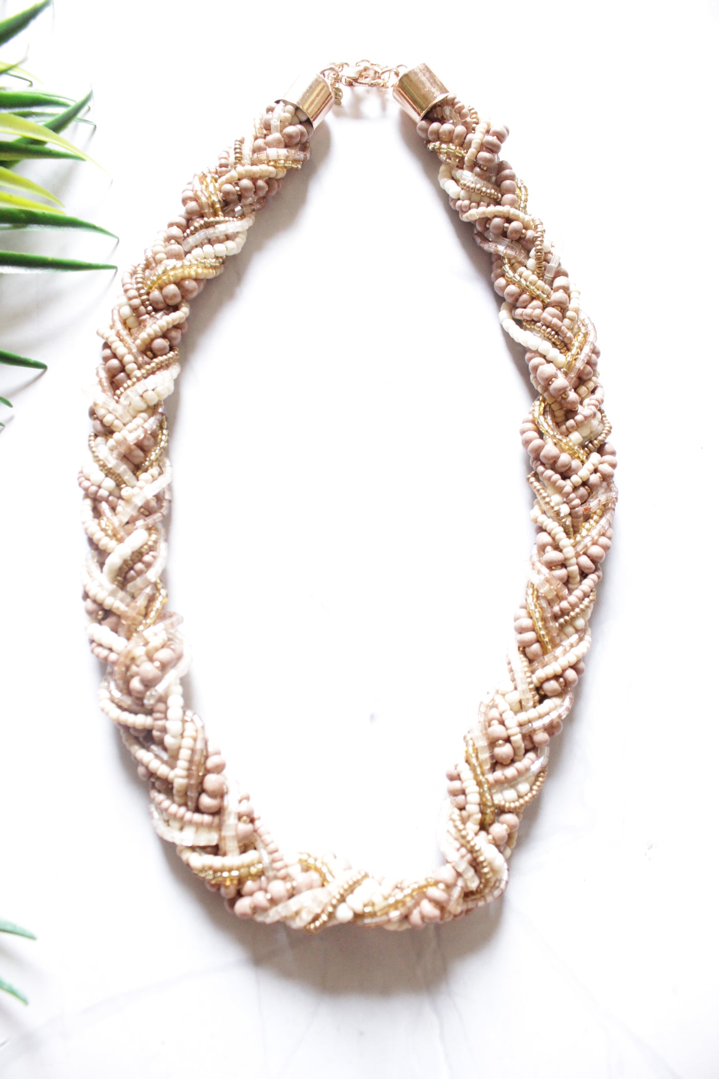 Peach & Ivory Shaded Twisted Beads Handmade Necklace with Intertwined Golden Beads