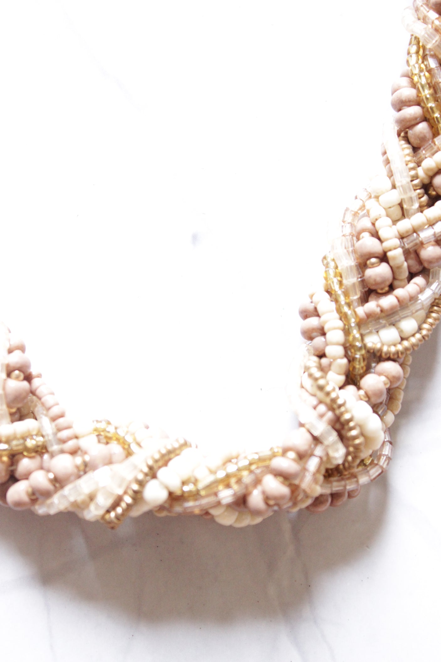 Peach & Ivory Shaded Twisted Beads Handmade Necklace with Intertwined Golden Beads