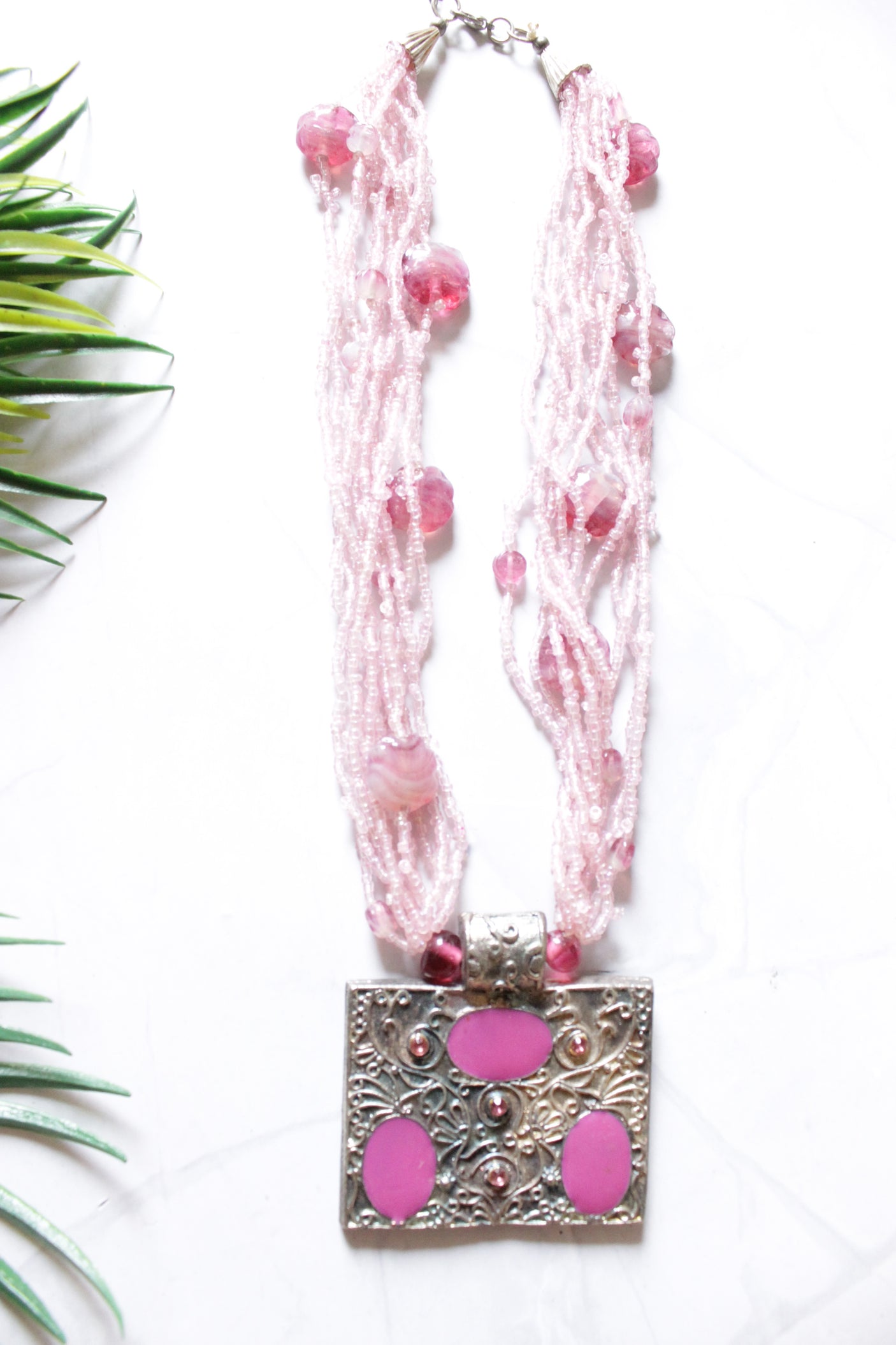 Pink Beads Multi-Layer Necklace with Statement Tibetan Metal Pendant