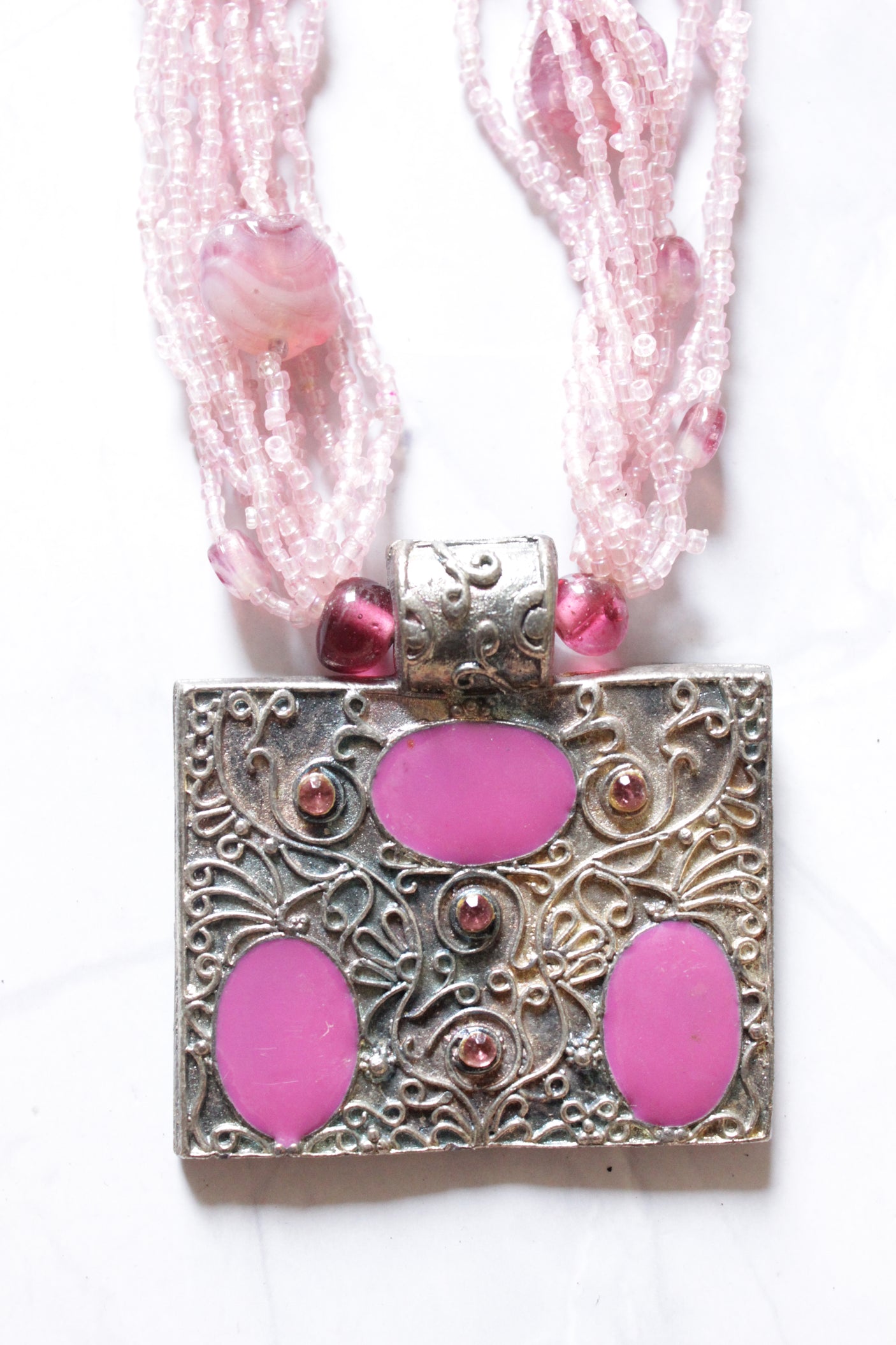 Pink Beads Multi-Layer Necklace with Statement Tibetan Metal Pendant