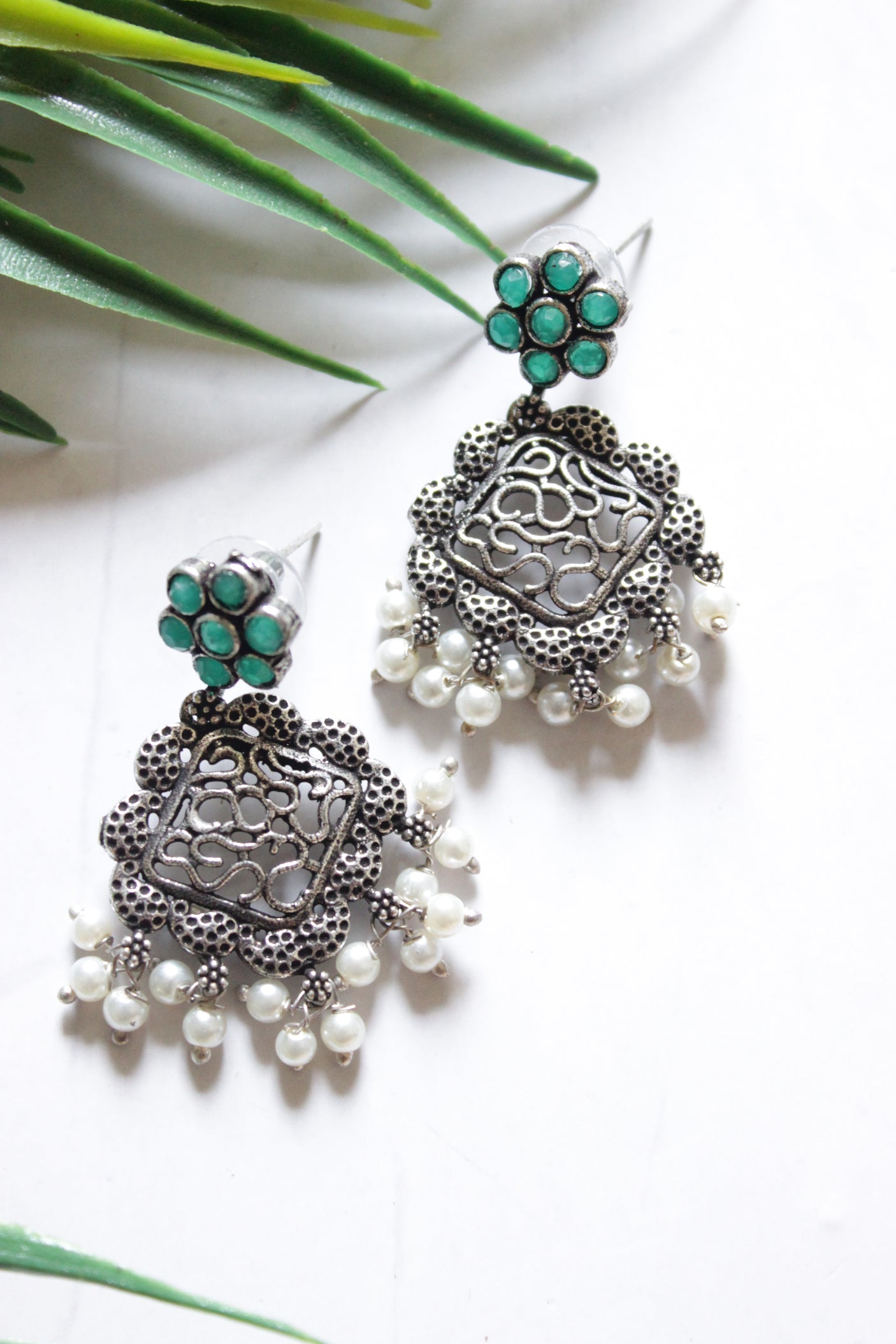 Green Stones Embedded Oxidised Finish Peacock Pendant Chain Necklace