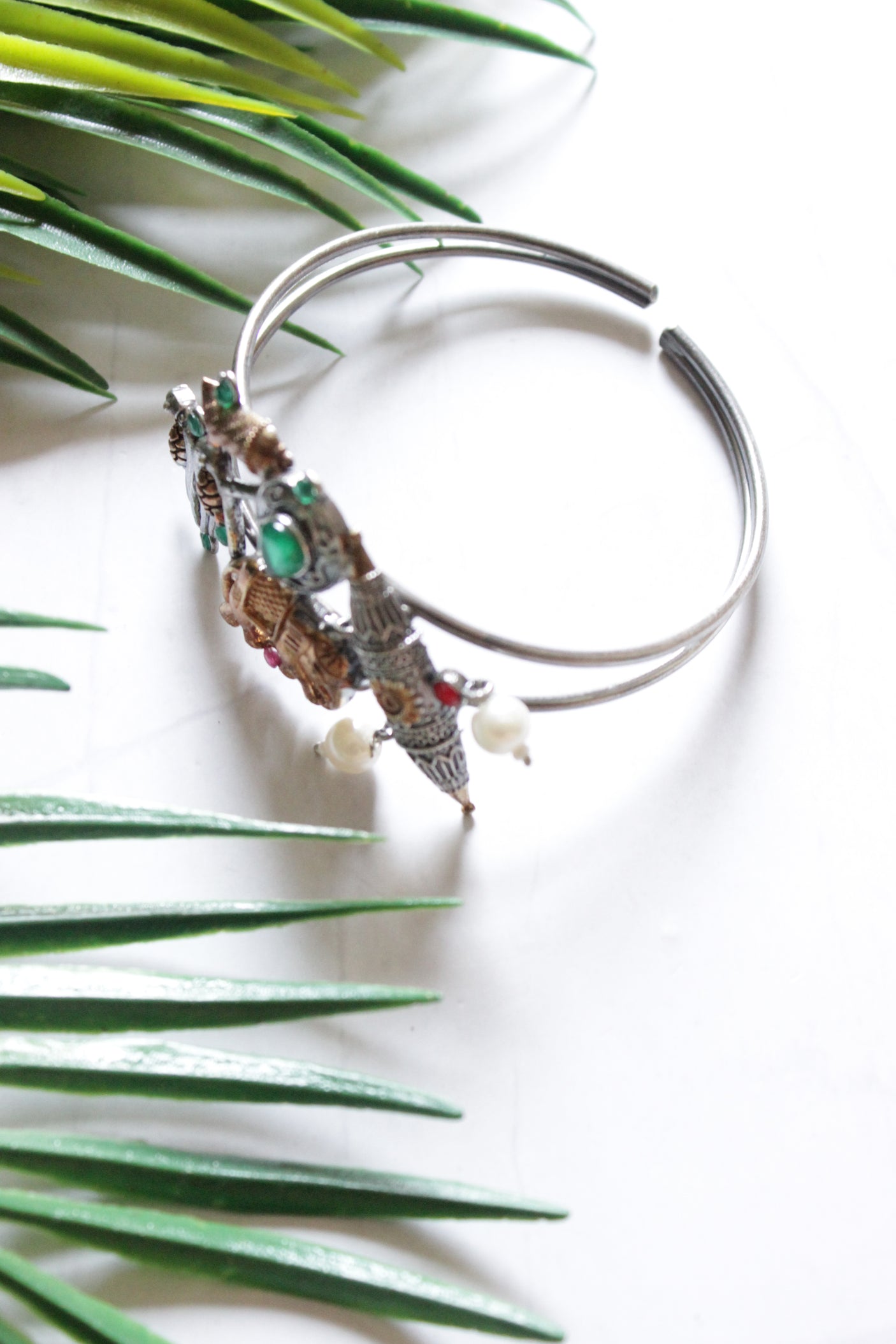 Dual Tone Green Stone Stones Elephant and Bird Motif Bracelet/Kada