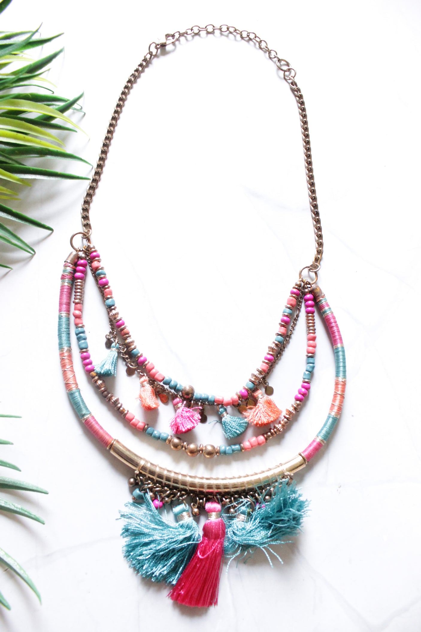 Pink and Blue Beads with Dull Gold Finish Metal Accents Boho Necklace