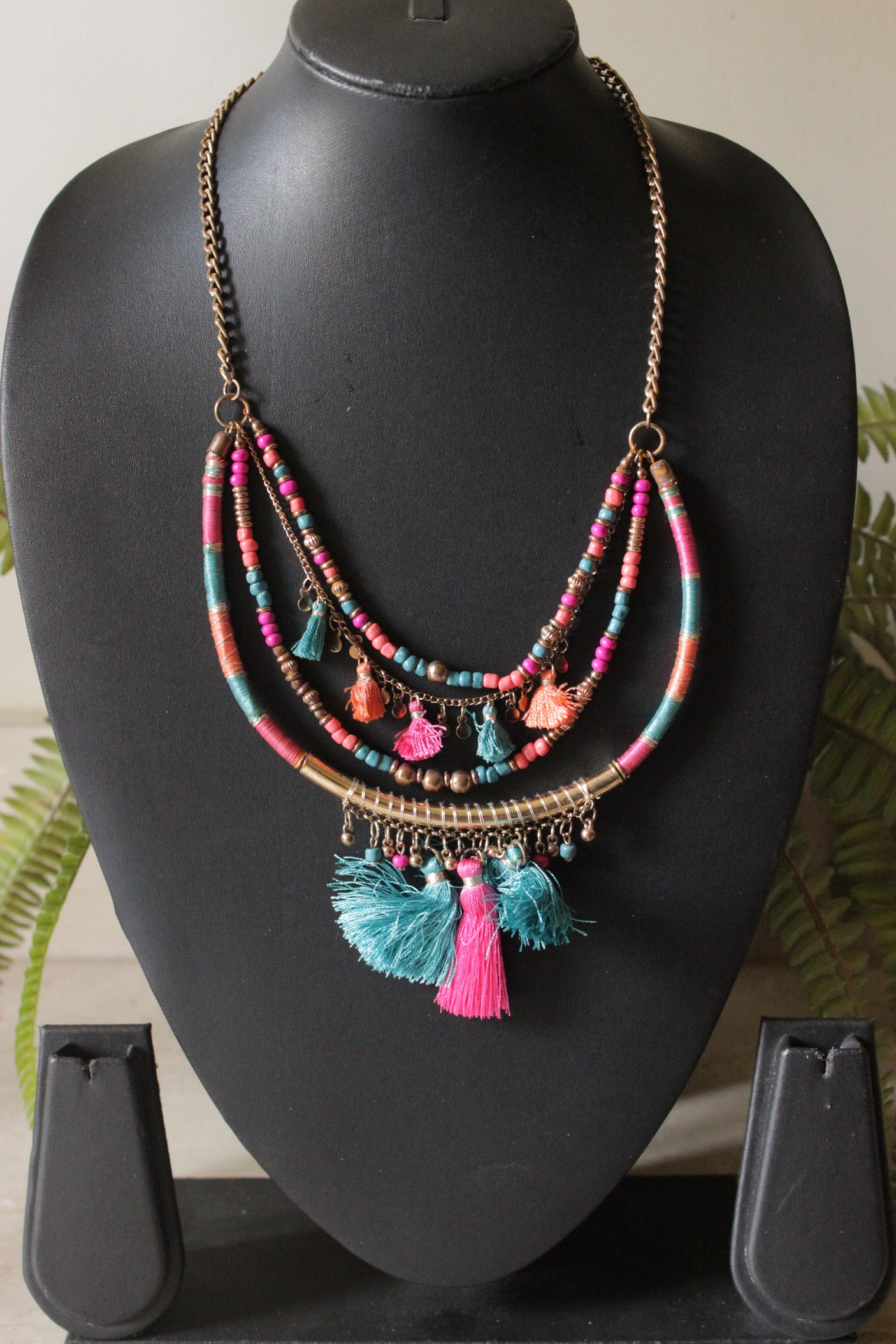 Pink and Blue Beads with Dull Gold Finish Metal Accents Boho Necklace