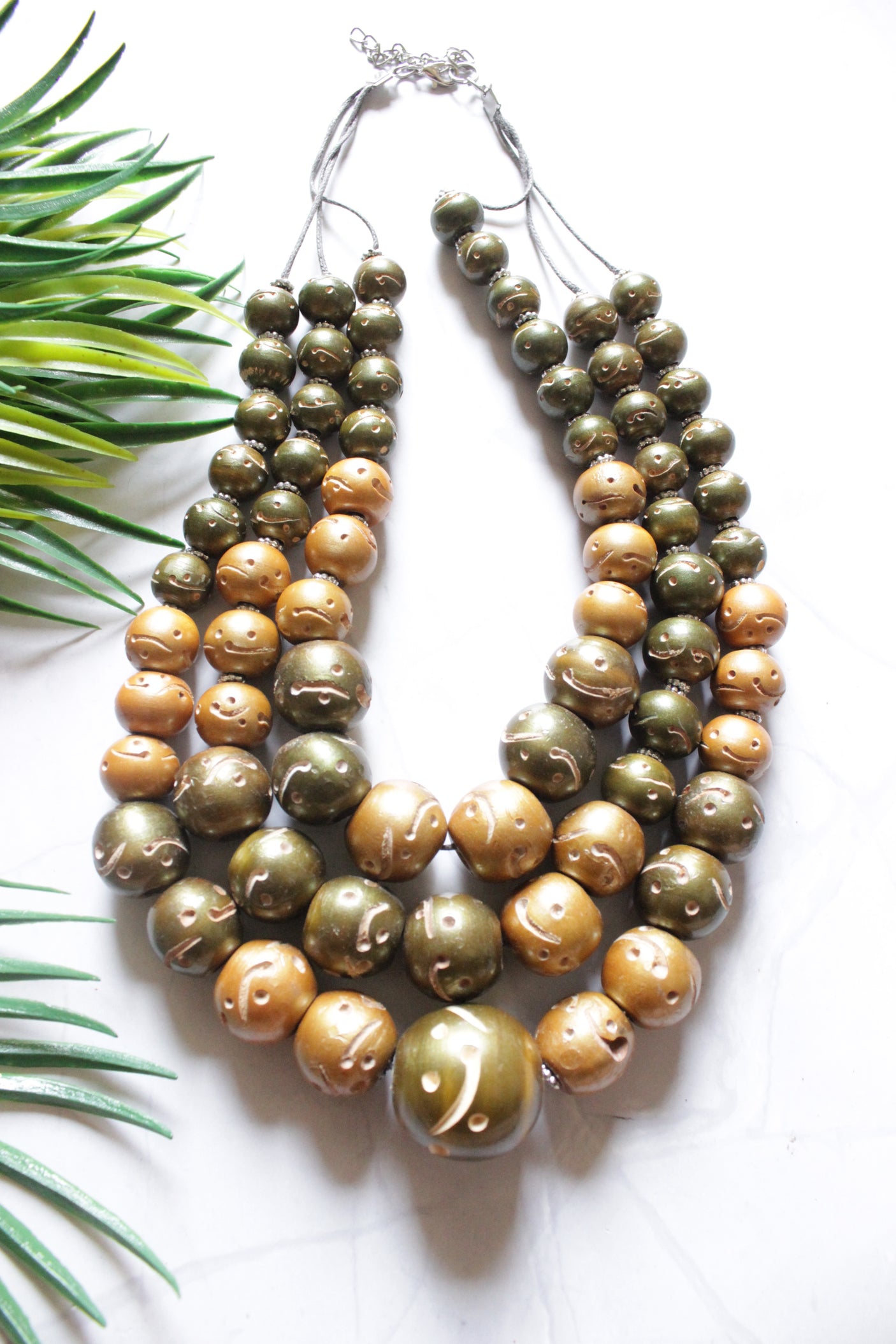 Green and Brown Wooden Beads 3 Layer Handmade Necklace