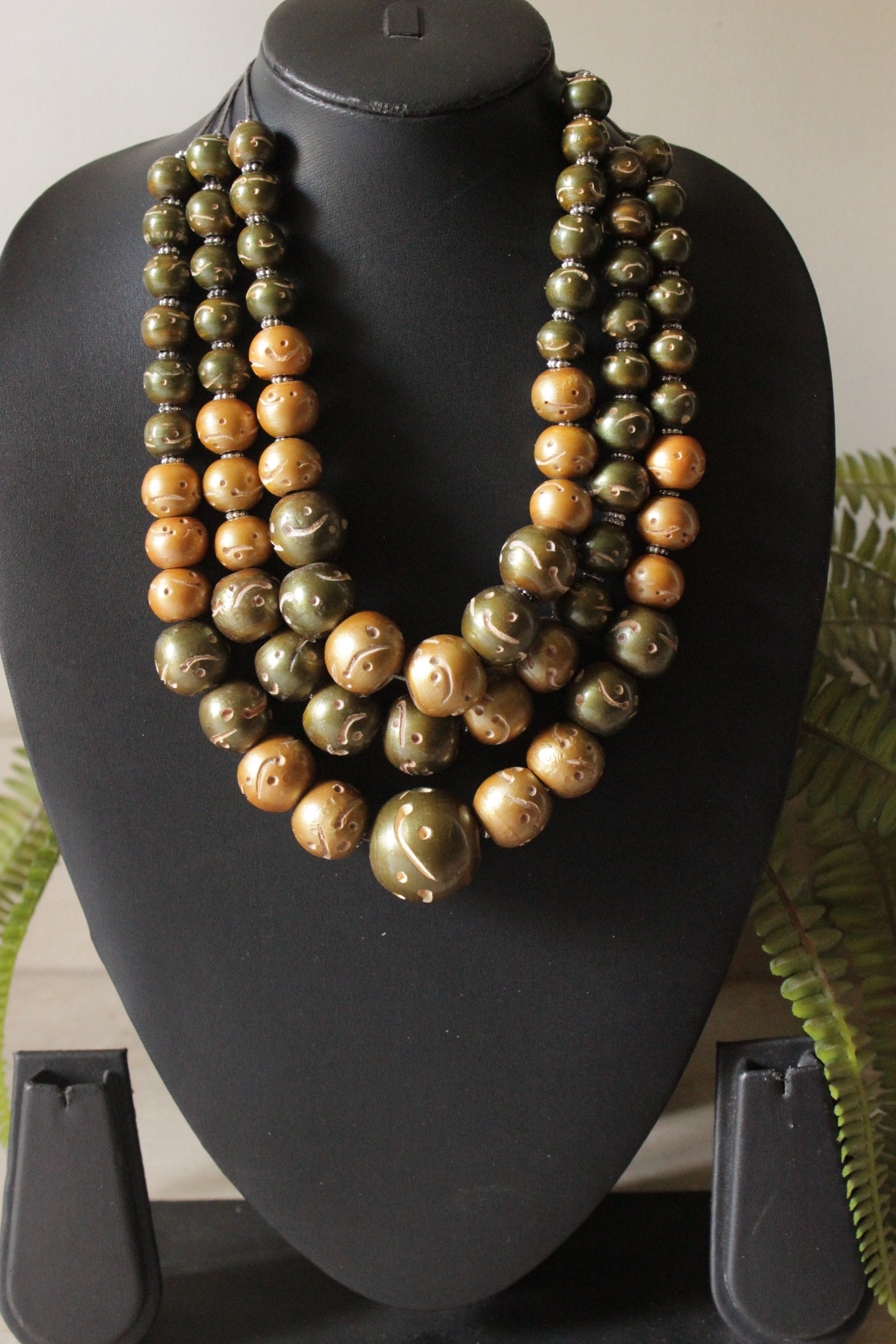 Green and Brown Wooden Beads 3 Layer Handmade Necklace
