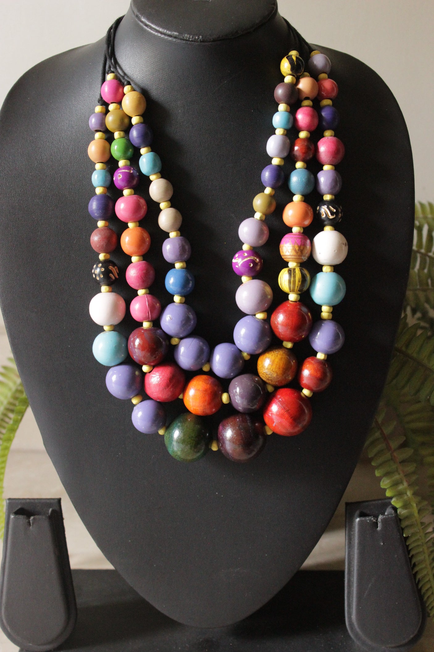 Multi-Color Vibrant Wooden Beads 3 Layer Handmade Necklace