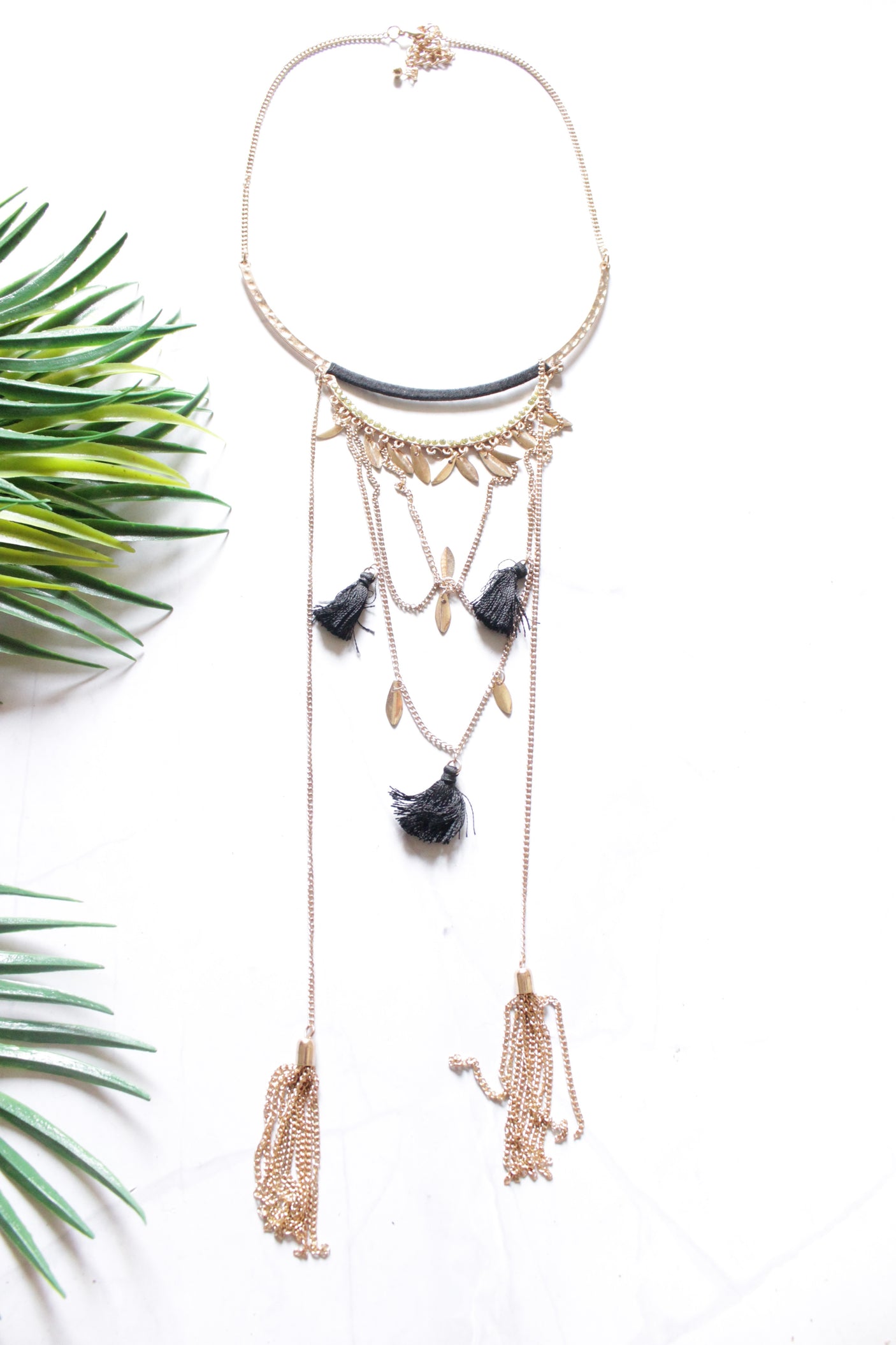 Fabric and Metal Handmade Matt Gold Finish Necklace with Petite Hanging Chains and Pom Poms