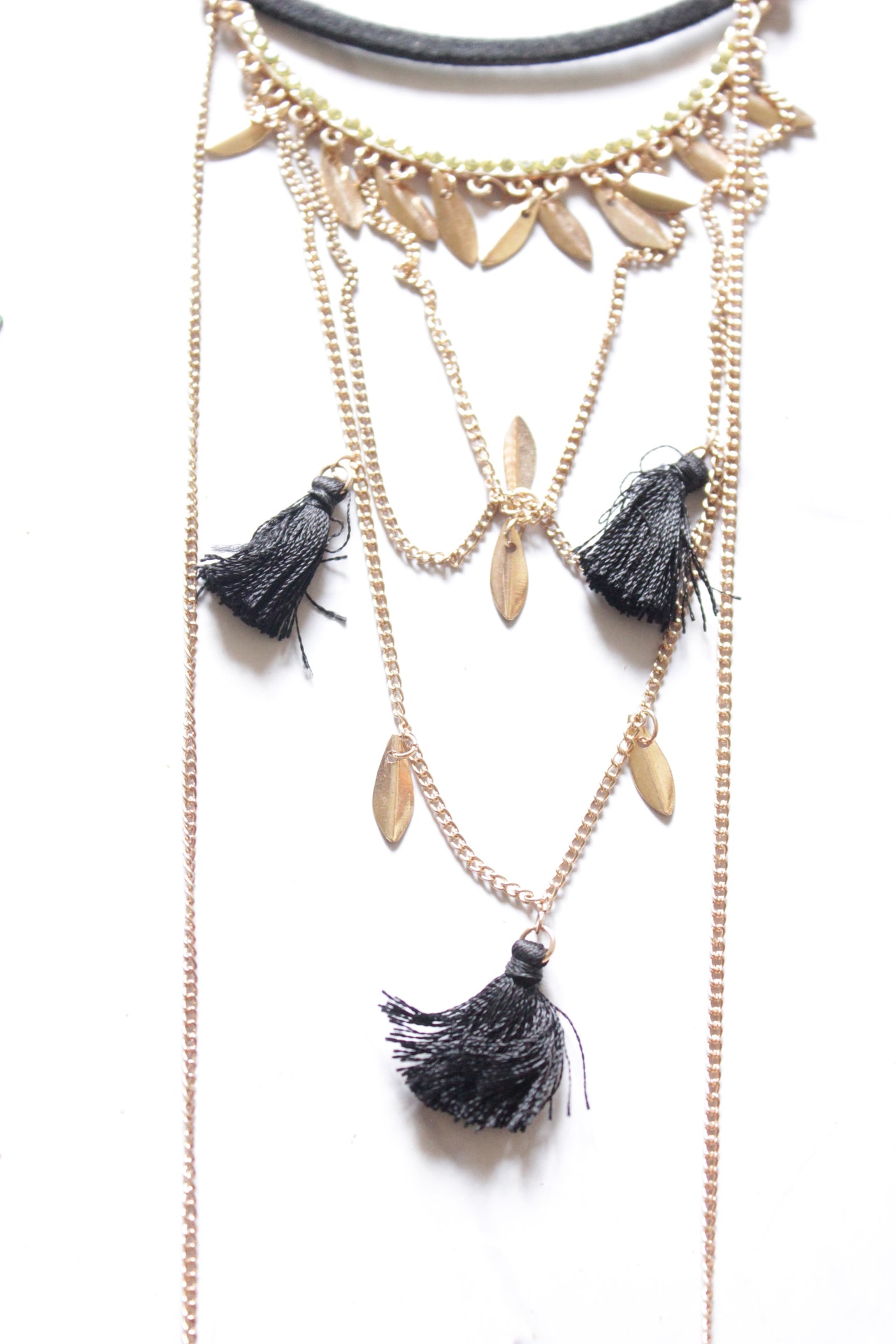 Fabric and Metal Handmade Matt Gold Finish Necklace with Petite Hanging Chains and Pom Poms
