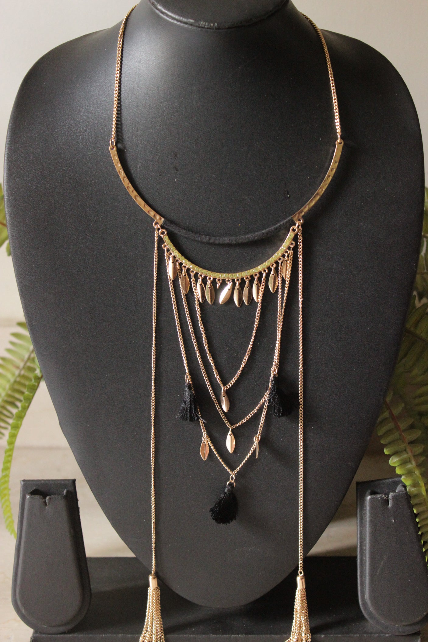 Fabric and Metal Handmade Matt Gold Finish Necklace with Petite Hanging Chains and Pom Poms