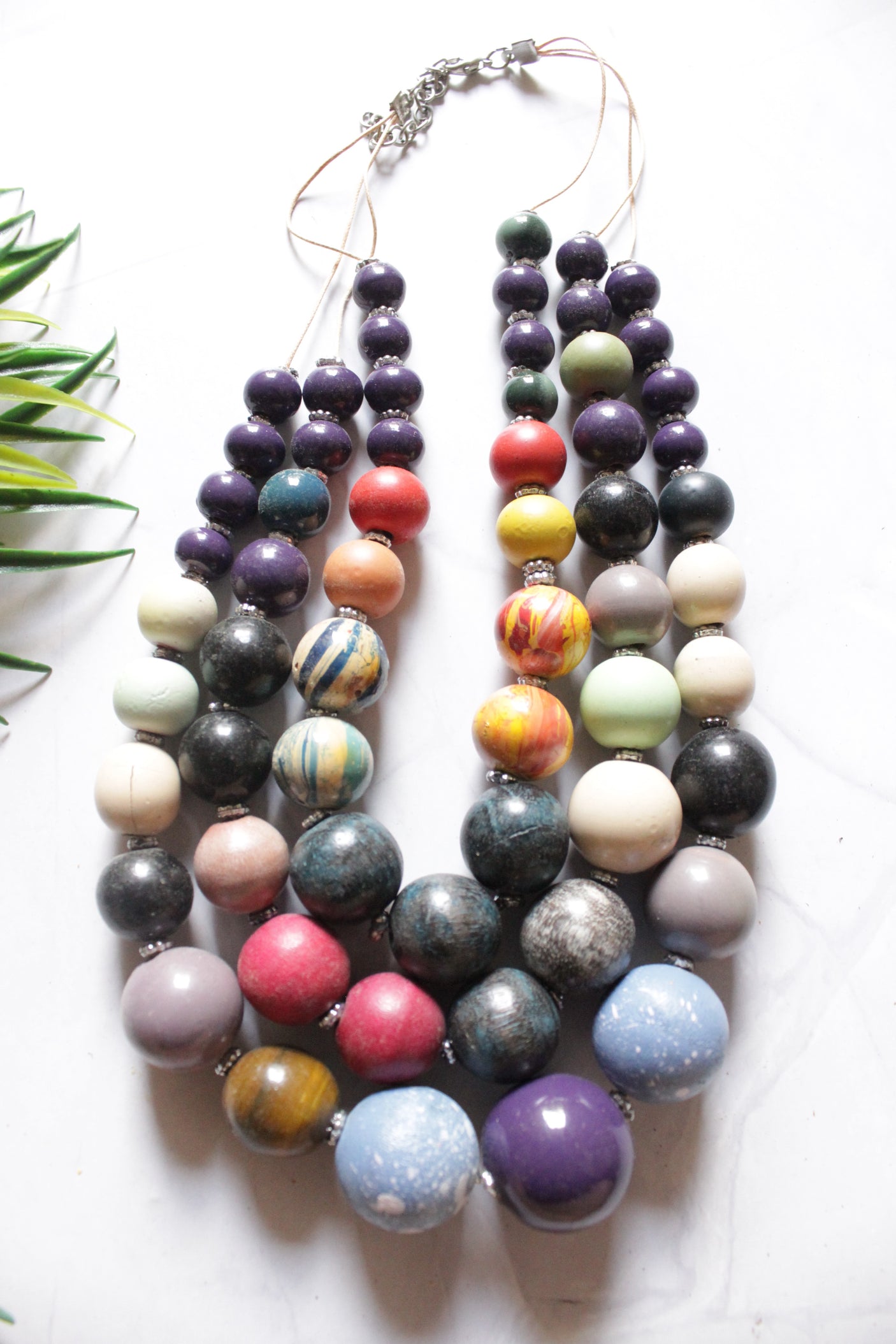 Multi-Color Hand Painted Wooden Beads 3 Layer Necklace