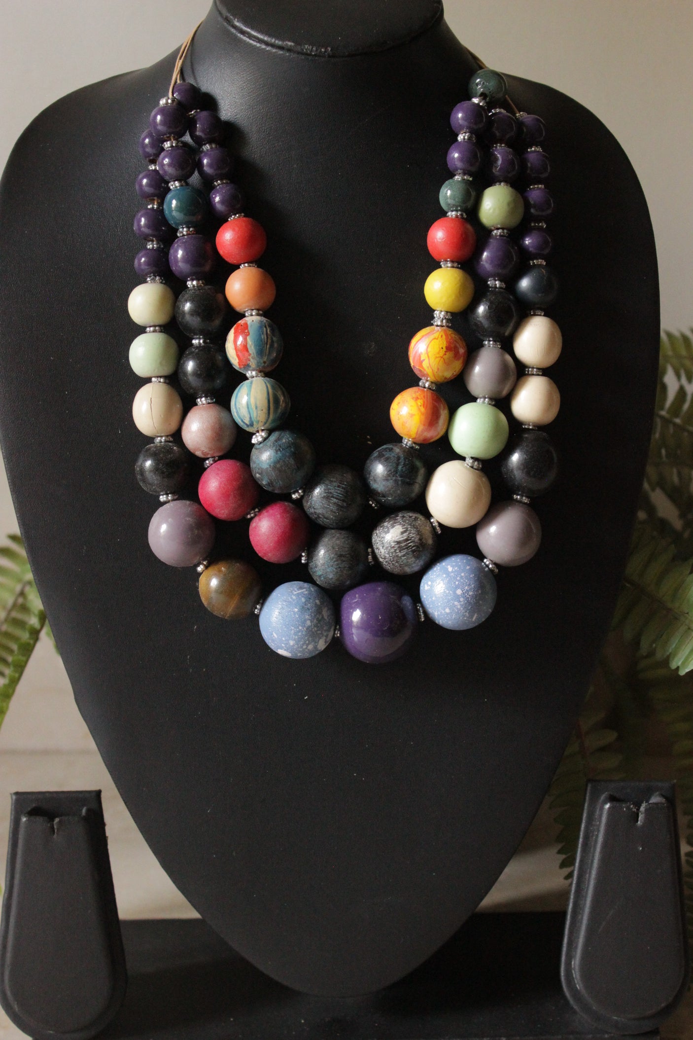 Multi-Color Hand Painted Wooden Beads 3 Layer Necklace