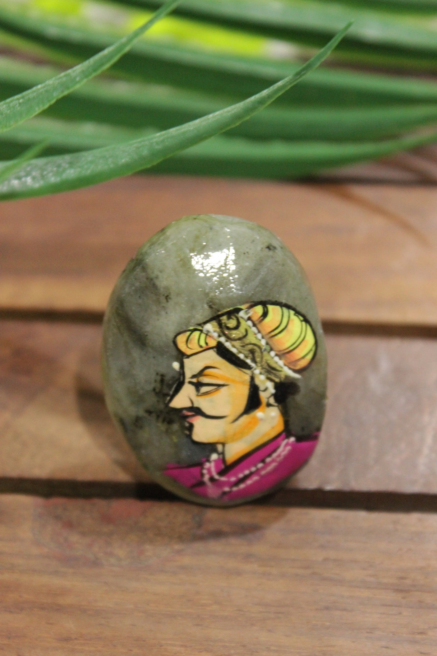 Man in Indian Mughal Attire Hand Painted on Grey Oval Shape Marble Statement Adjustable Ring