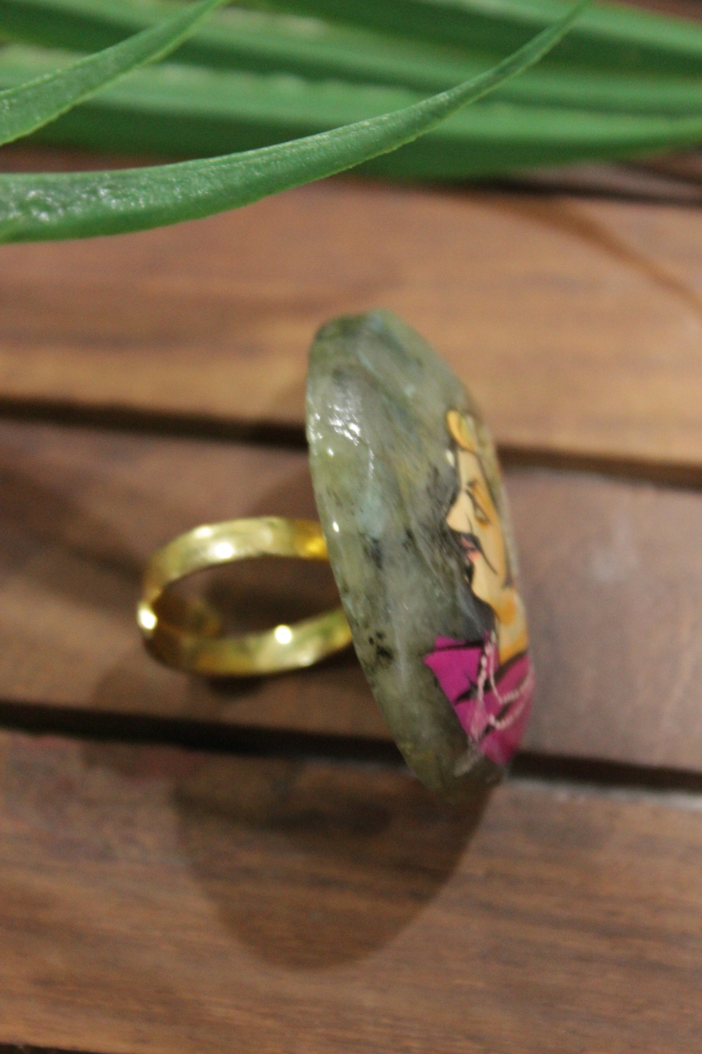 Man in Indian Mughal Attire Hand Painted on Grey Oval Shape Marble Statement Adjustable Ring