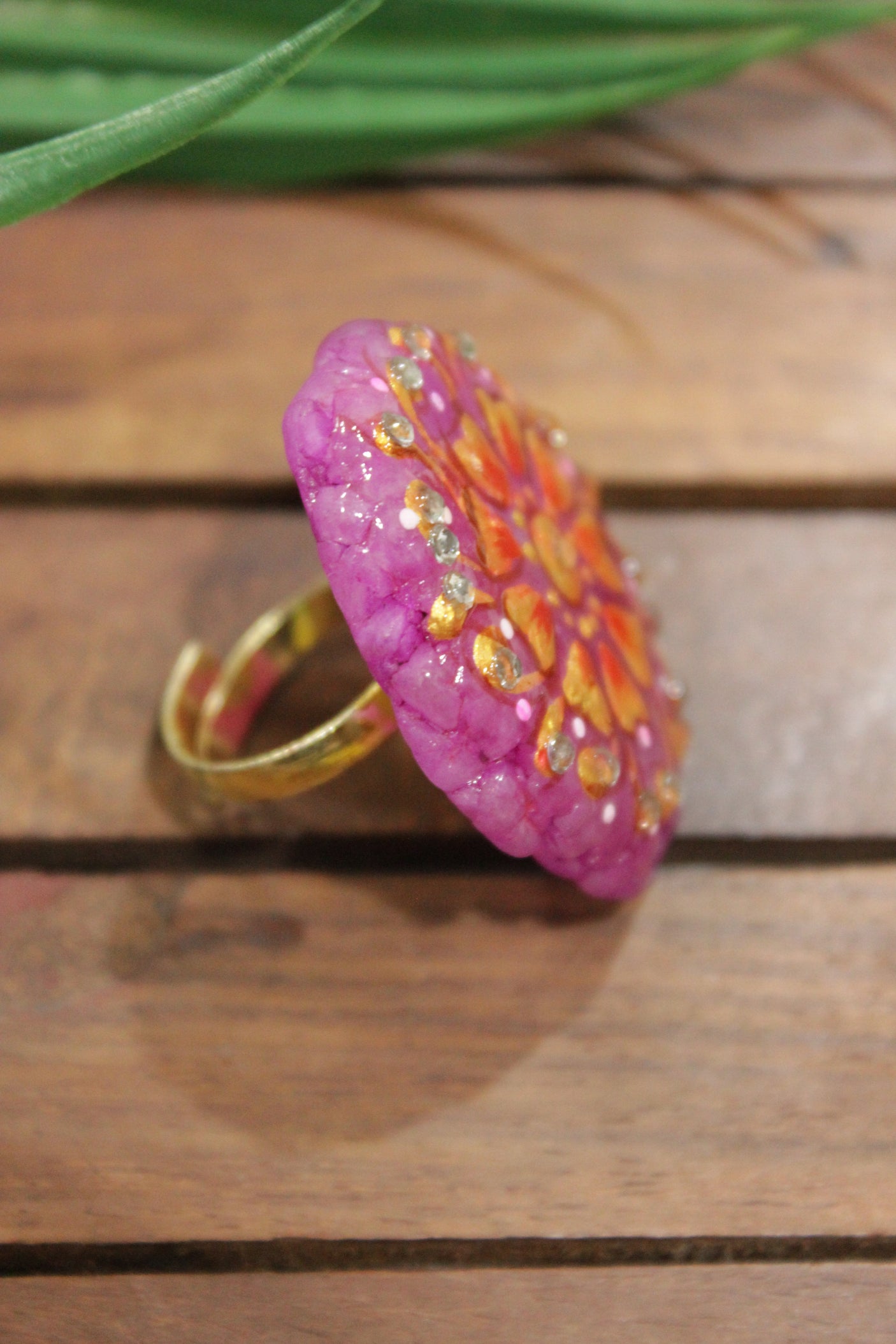 Hand Painted Flowers on Pink Marble Adjustable Cocktail Ring with Hints of Gold