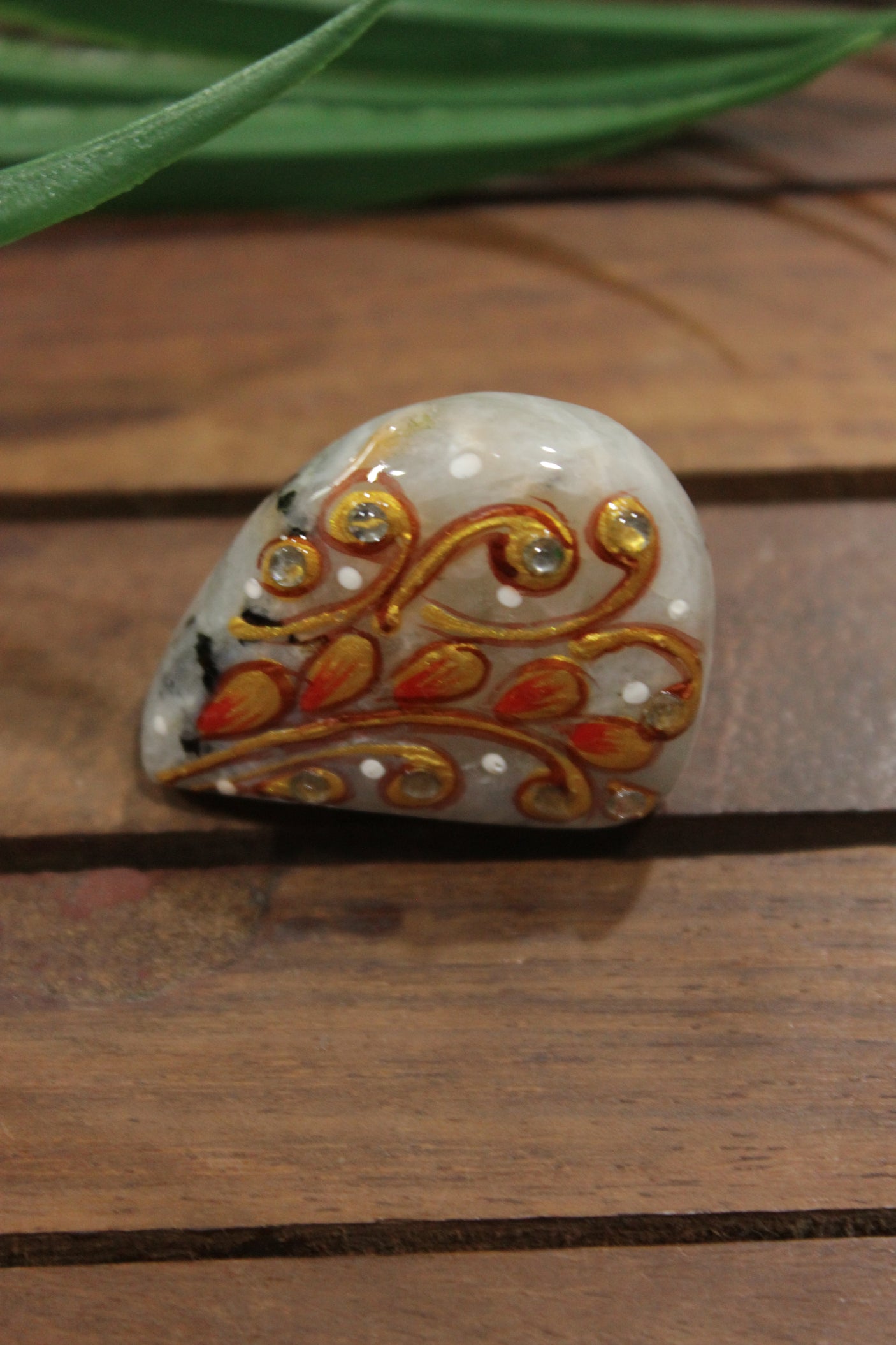 Hand Painted Flowers on Ivory Marble Adjustable Cocktail Ring with Hints of Gold