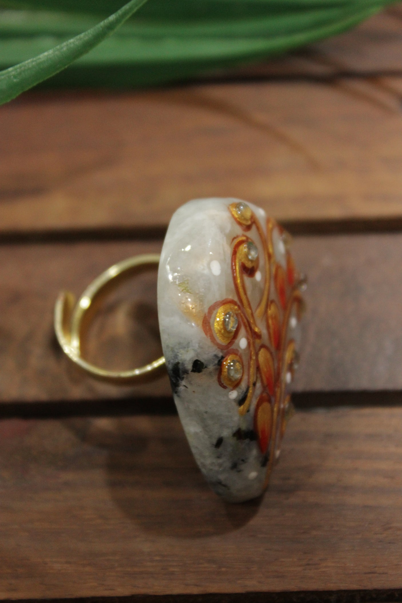 Hand Painted Flowers on Ivory Marble Adjustable Cocktail Ring with Hints of Gold