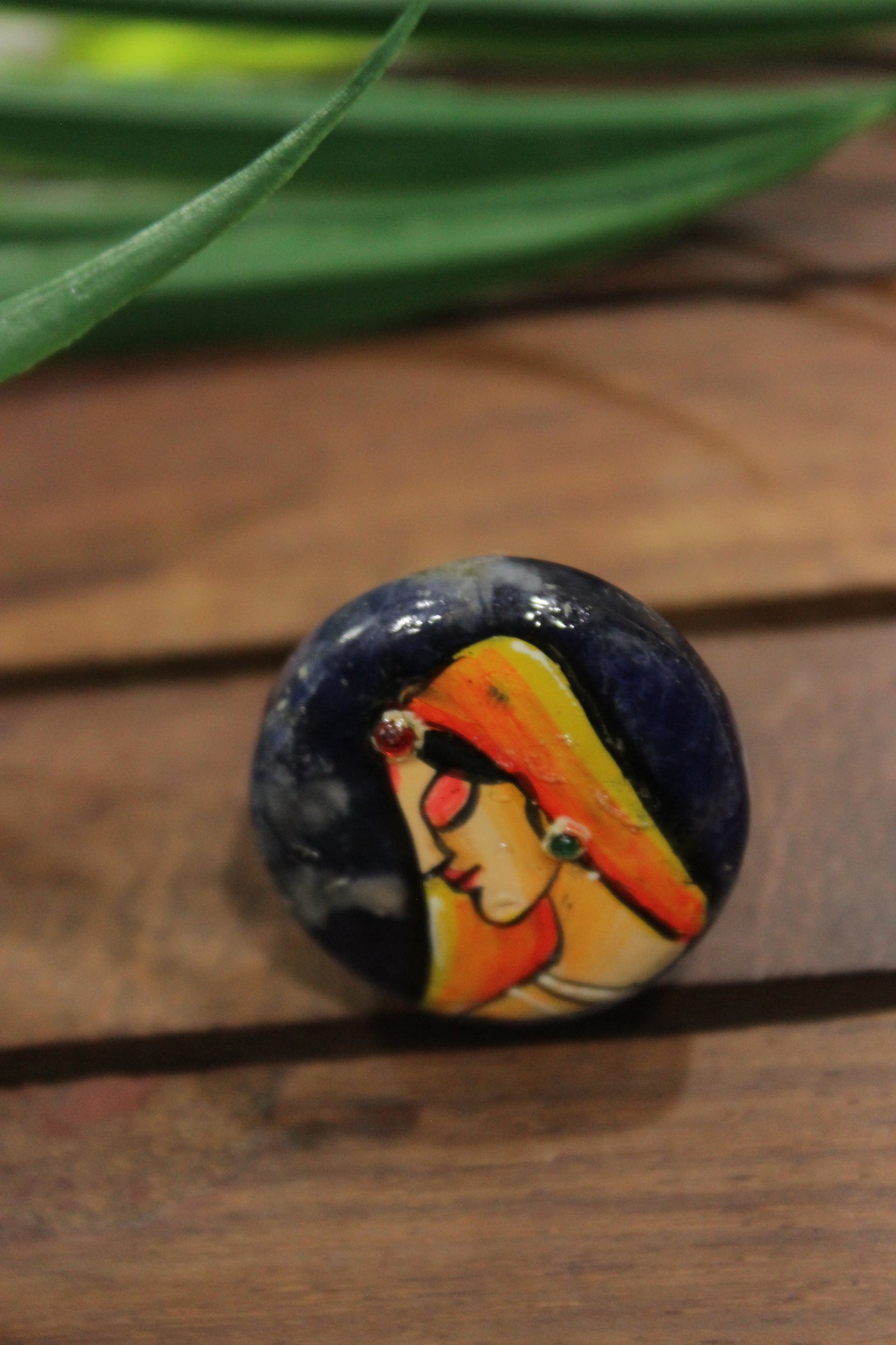 Woman in Indian Ethnic Attire Hand Painted on Circular Indigo Marble Statement Adjustable Ring