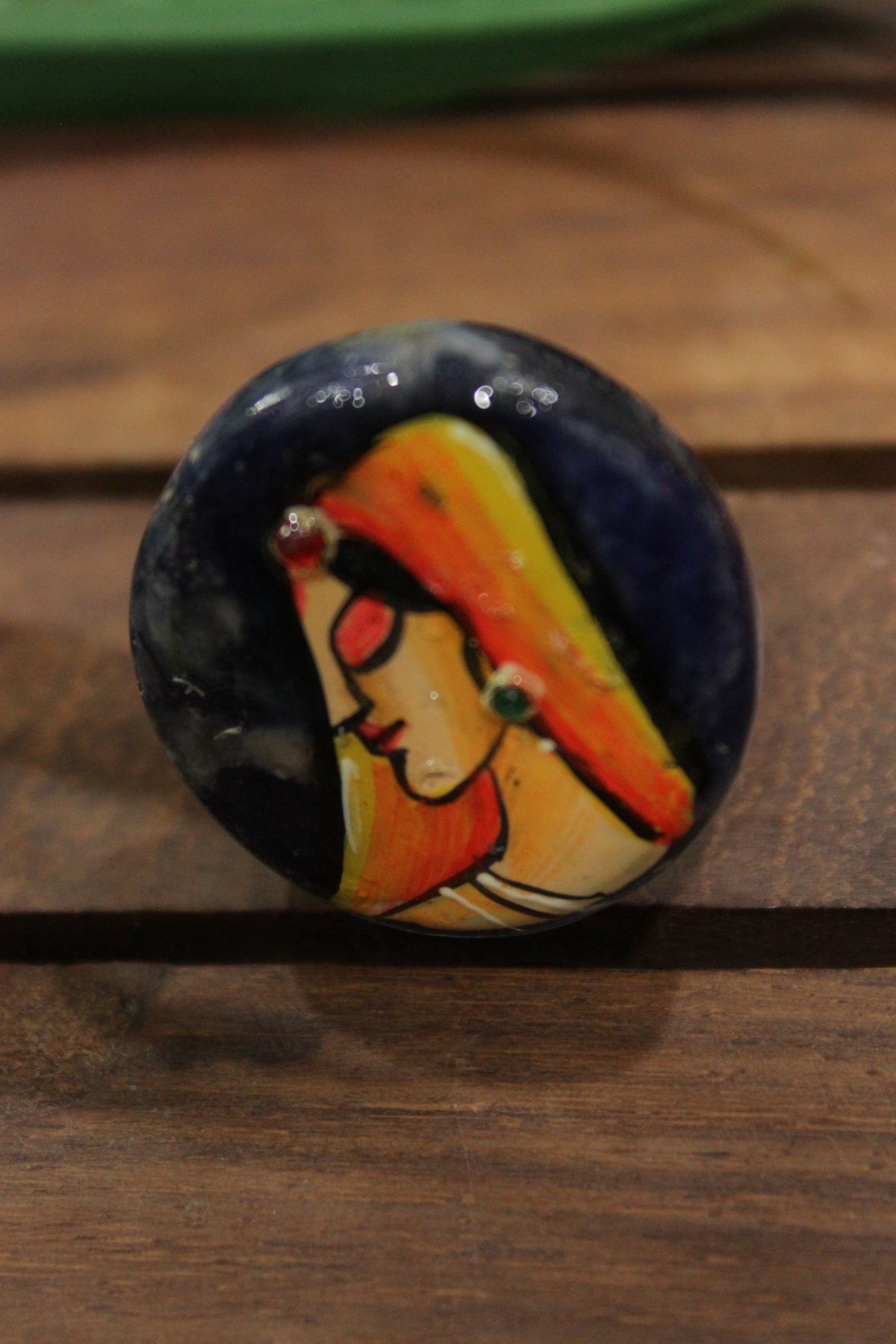 Woman in Indian Ethnic Attire Hand Painted on Circular Indigo Marble Statement Adjustable Ring