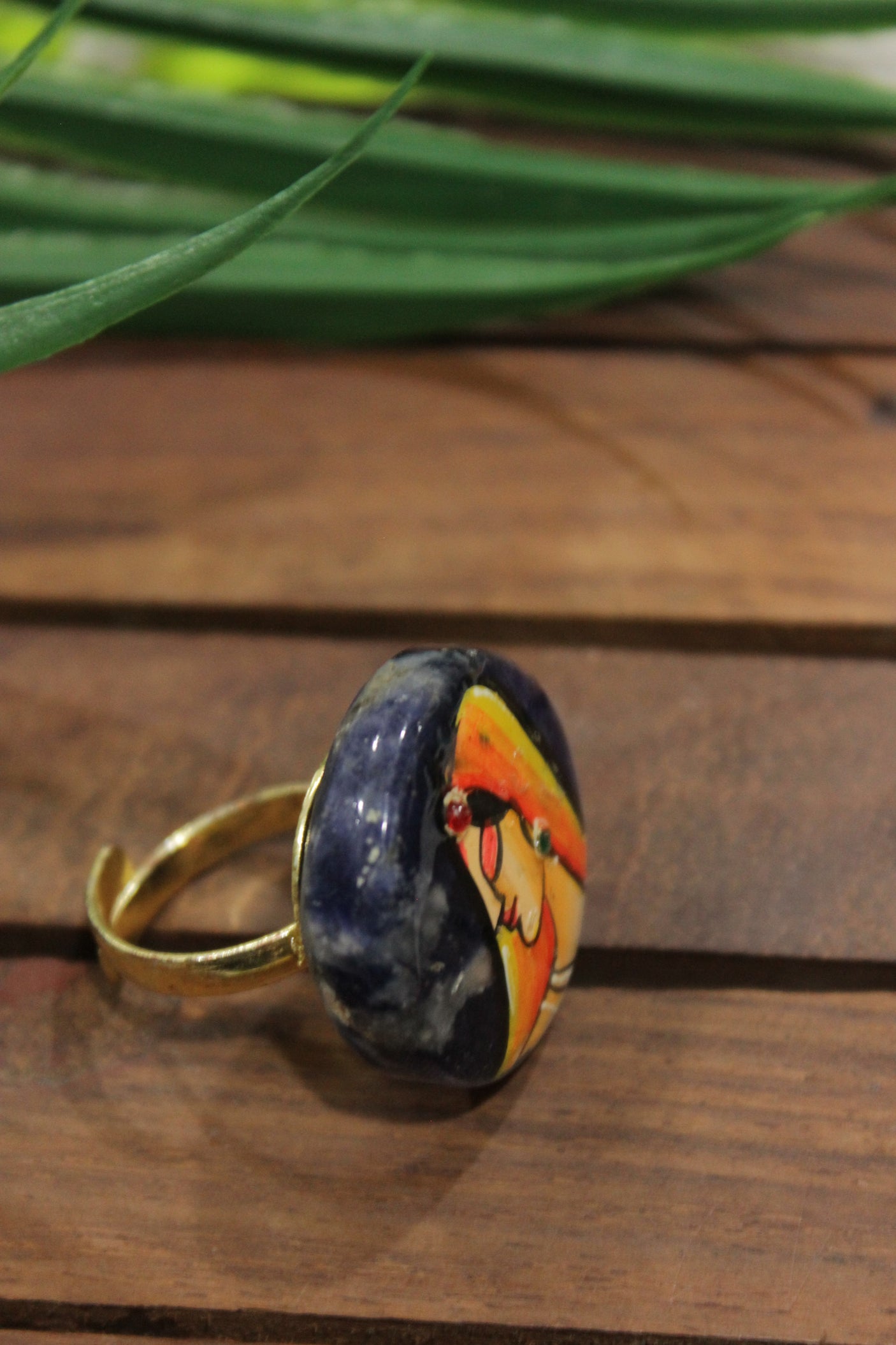 Woman in Indian Ethnic Attire Hand Painted on Circular Indigo Marble Statement Adjustable Ring