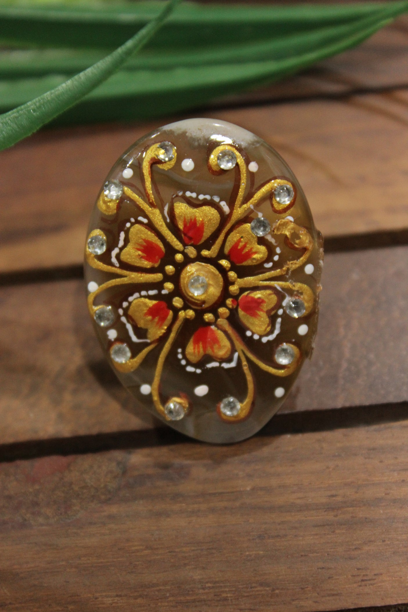 Hand Painted Flowers on Oval Shape Brown Marble Adjustable Cocktail Ring with Hints of Gold