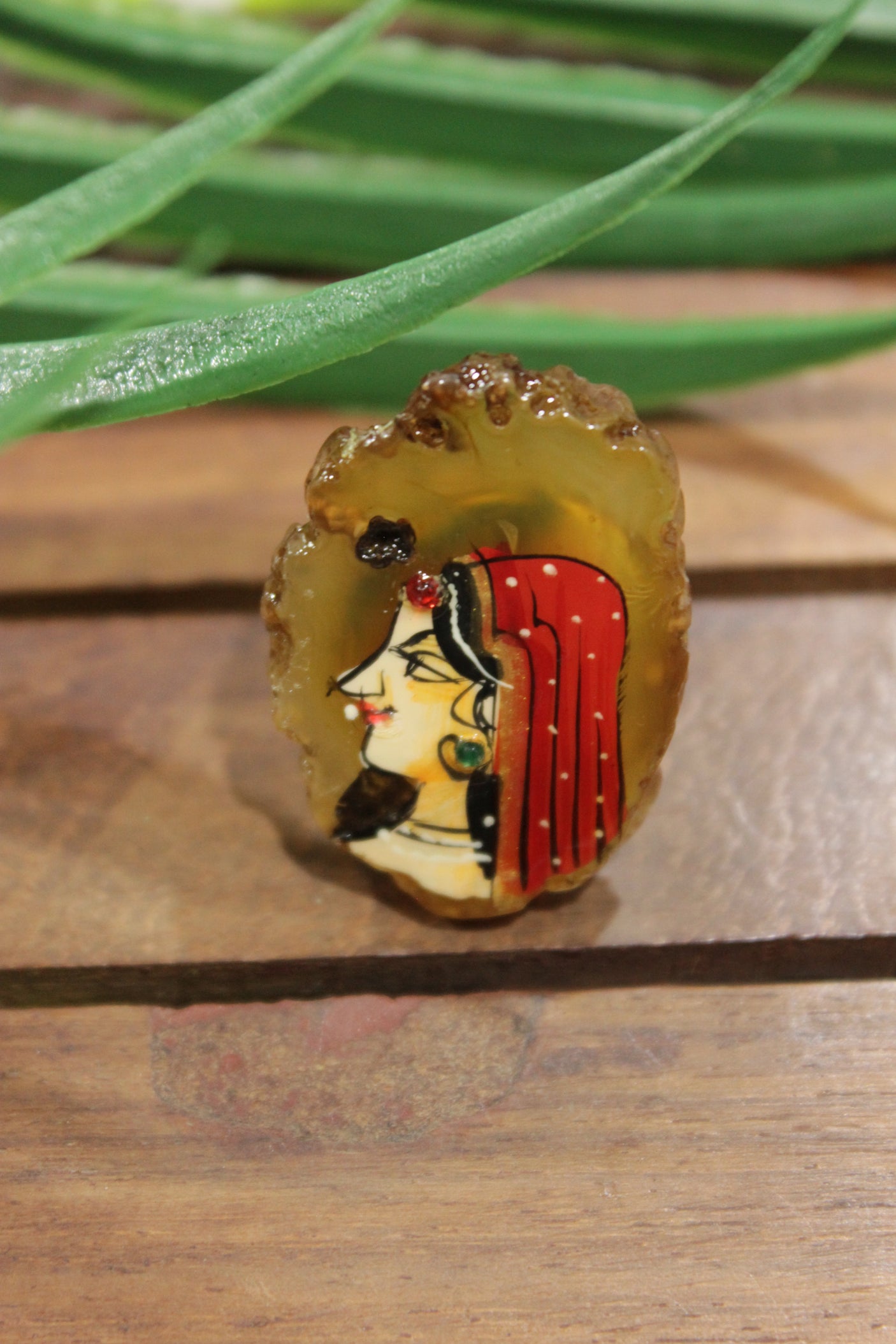 Woman in Indian Ethnic Attire Hand Painted on Brown Circular Rough Cut Marble Statement Adjustable Ring