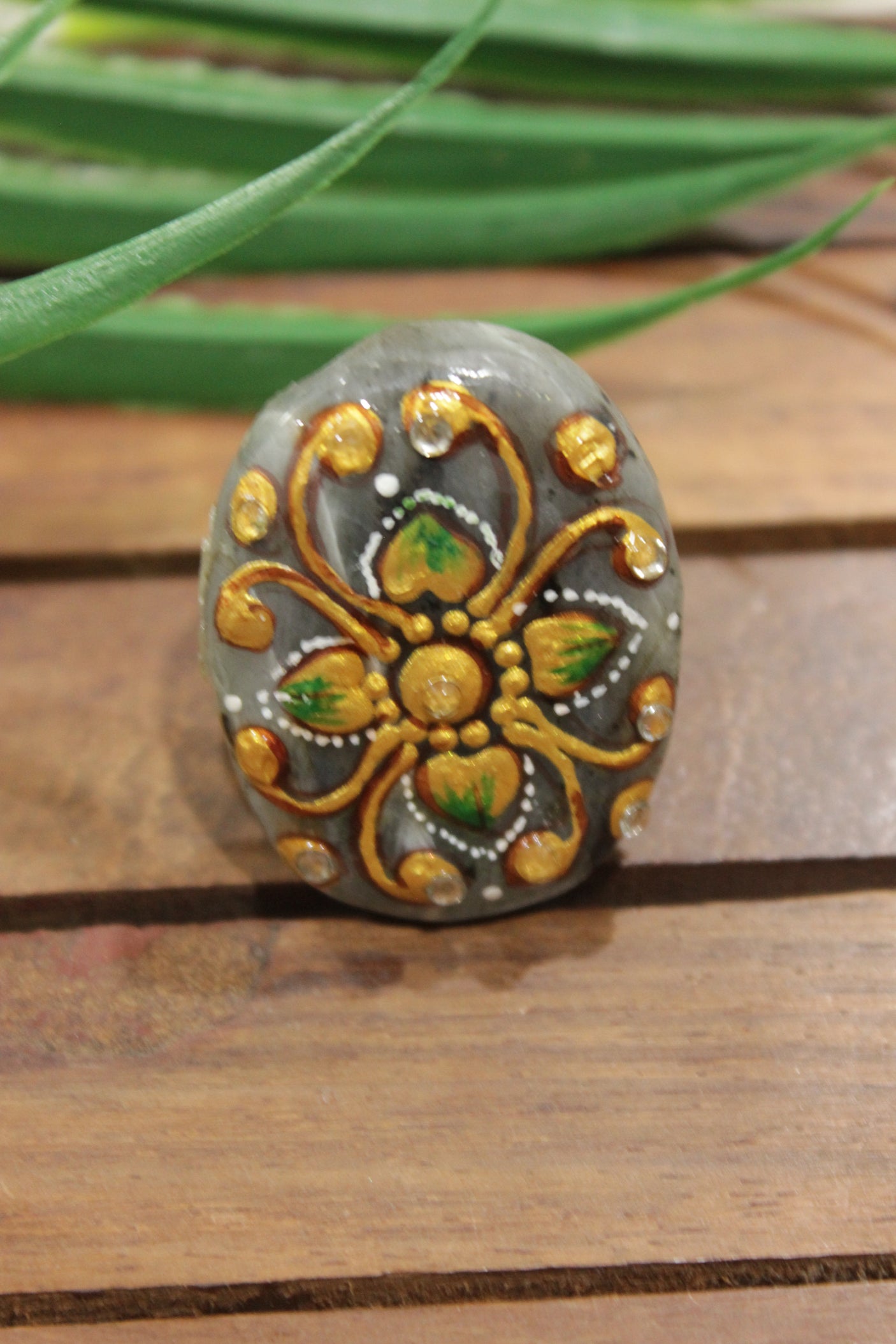 Hand Painted Flowers on Oval Shape Grey Marble Adjustable Cocktail Ring with Hints of Gold