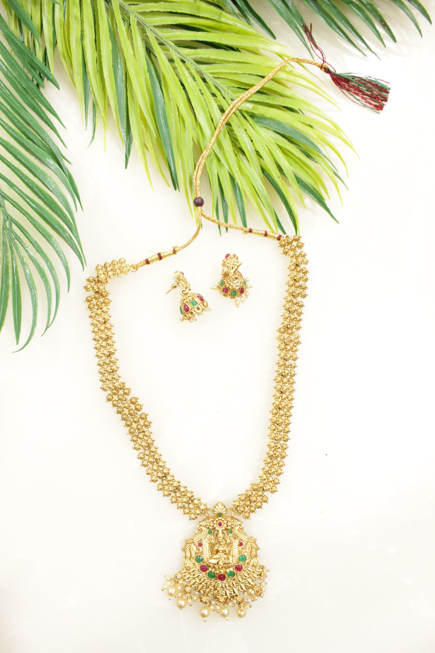 Red & Green Glass Stones Embedded Gold Finish Temple Jewelry Necklace Set