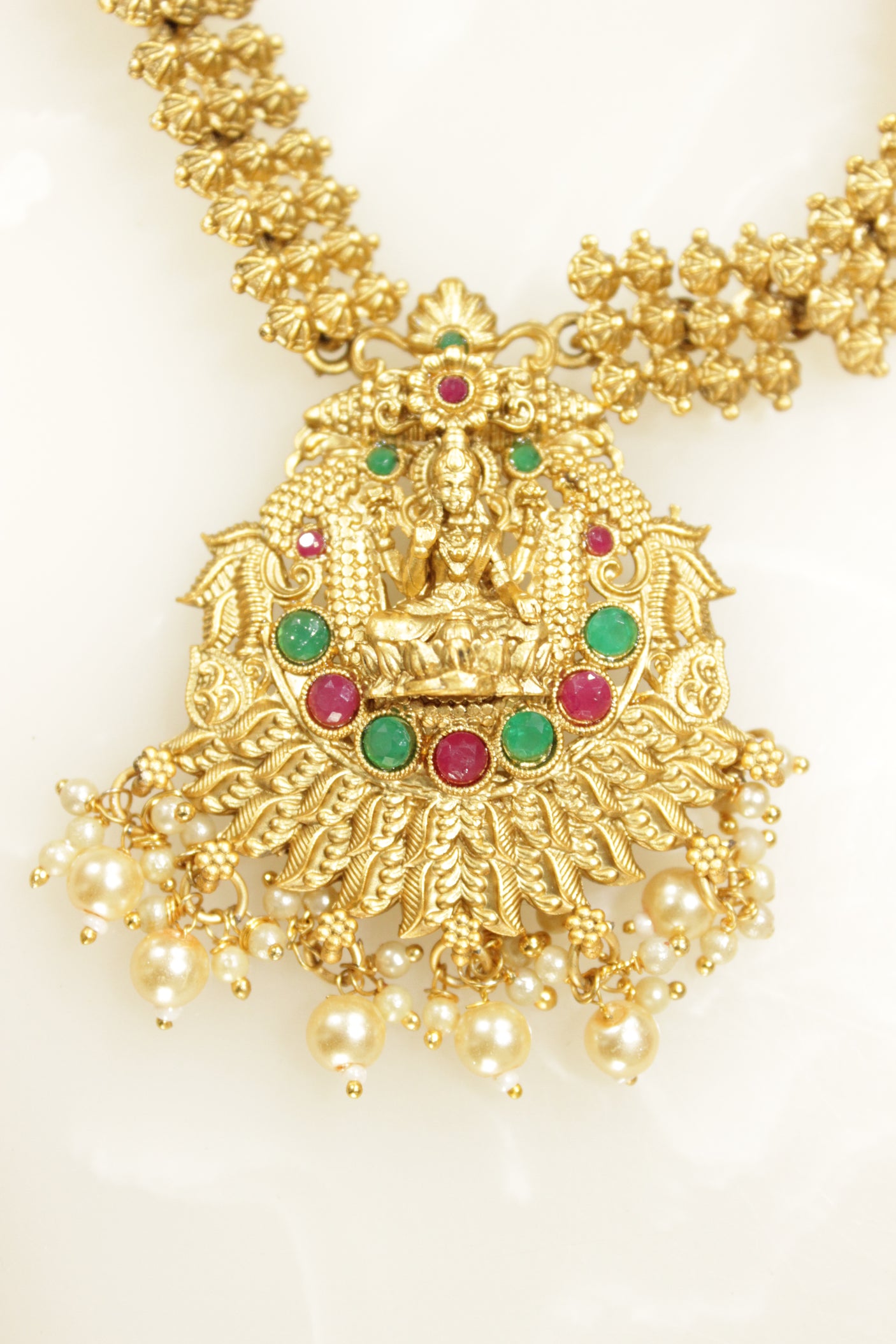 Red & Green Glass Stones Embedded Gold Finish Temple Jewelry Necklace Set