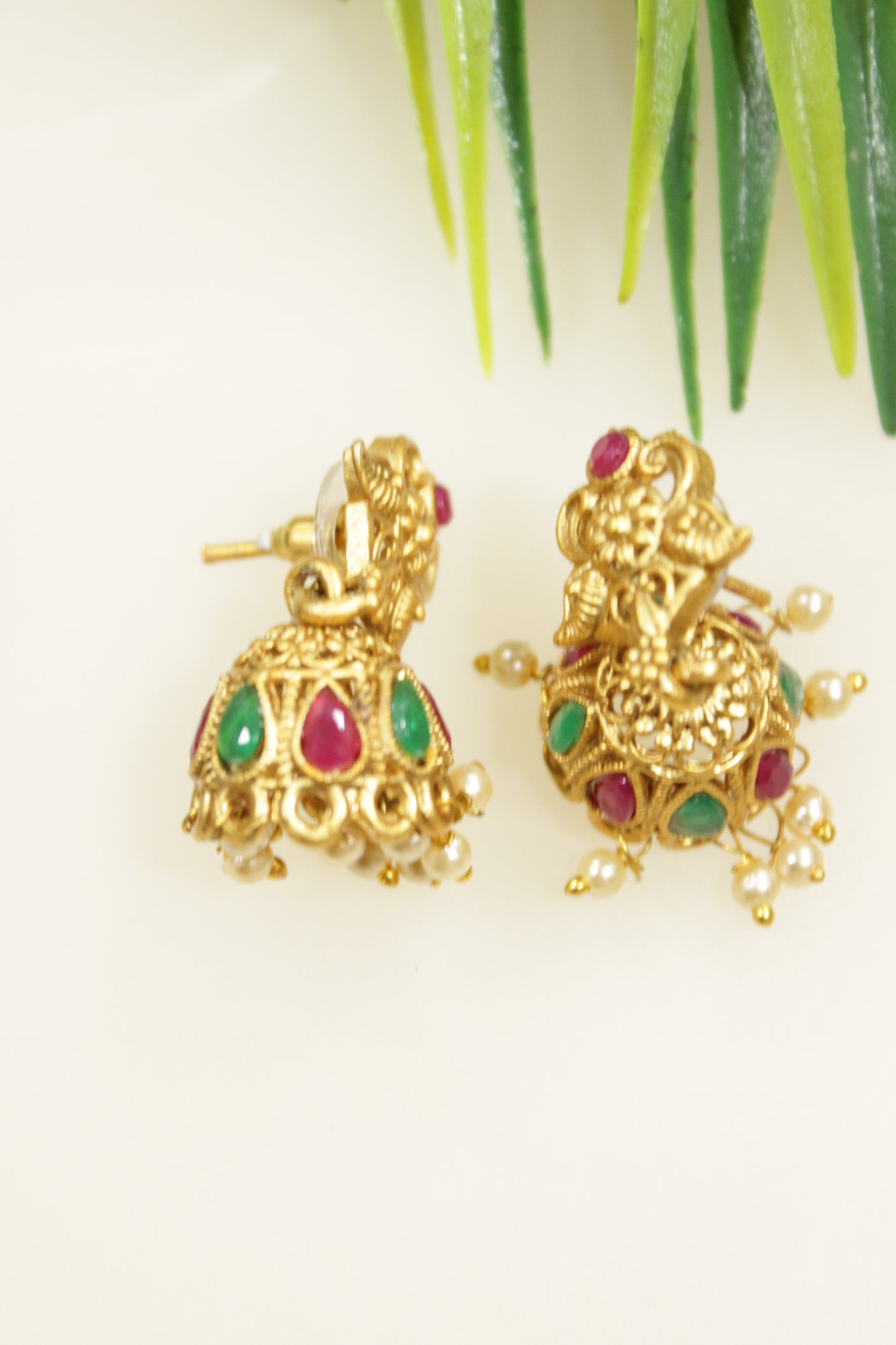 Red & Green Glass Stones Embedded Gold Finish Temple Jewelry Necklace Set