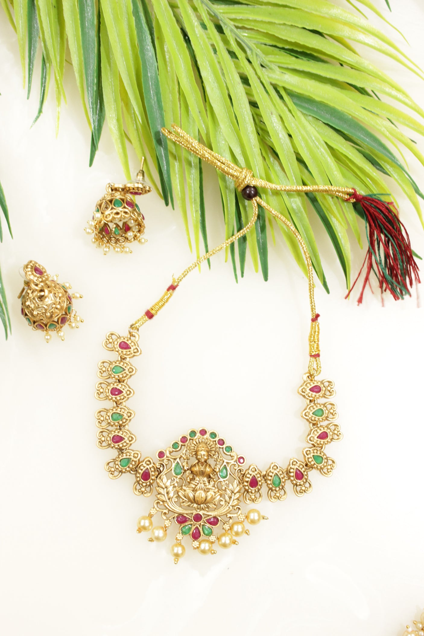 Ruby Red & Green Glass Stones Embedded Dull Gold Finish Temple Jewelry Adjustable Length Choker Necklace Set