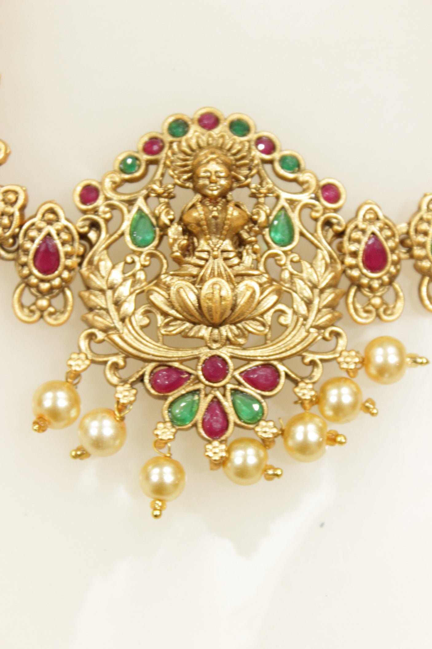 Ruby Red & Green Glass Stones Embedded Dull Gold Finish Temple Jewelry Adjustable Length Choker Necklace Set