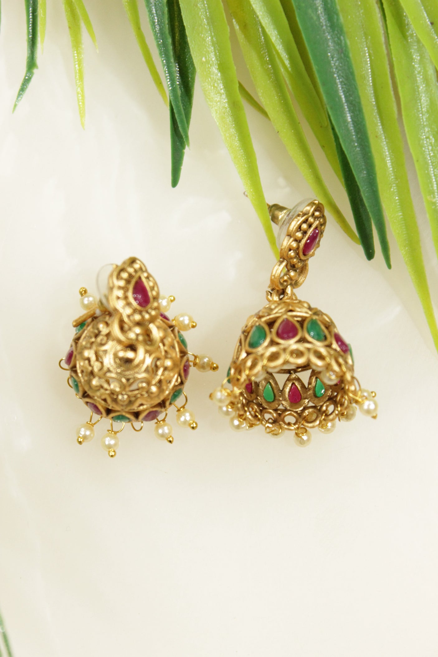 Ruby Red & Green Glass Stones Embedded Dull Gold Finish Temple Jewelry Adjustable Length Choker Necklace Set