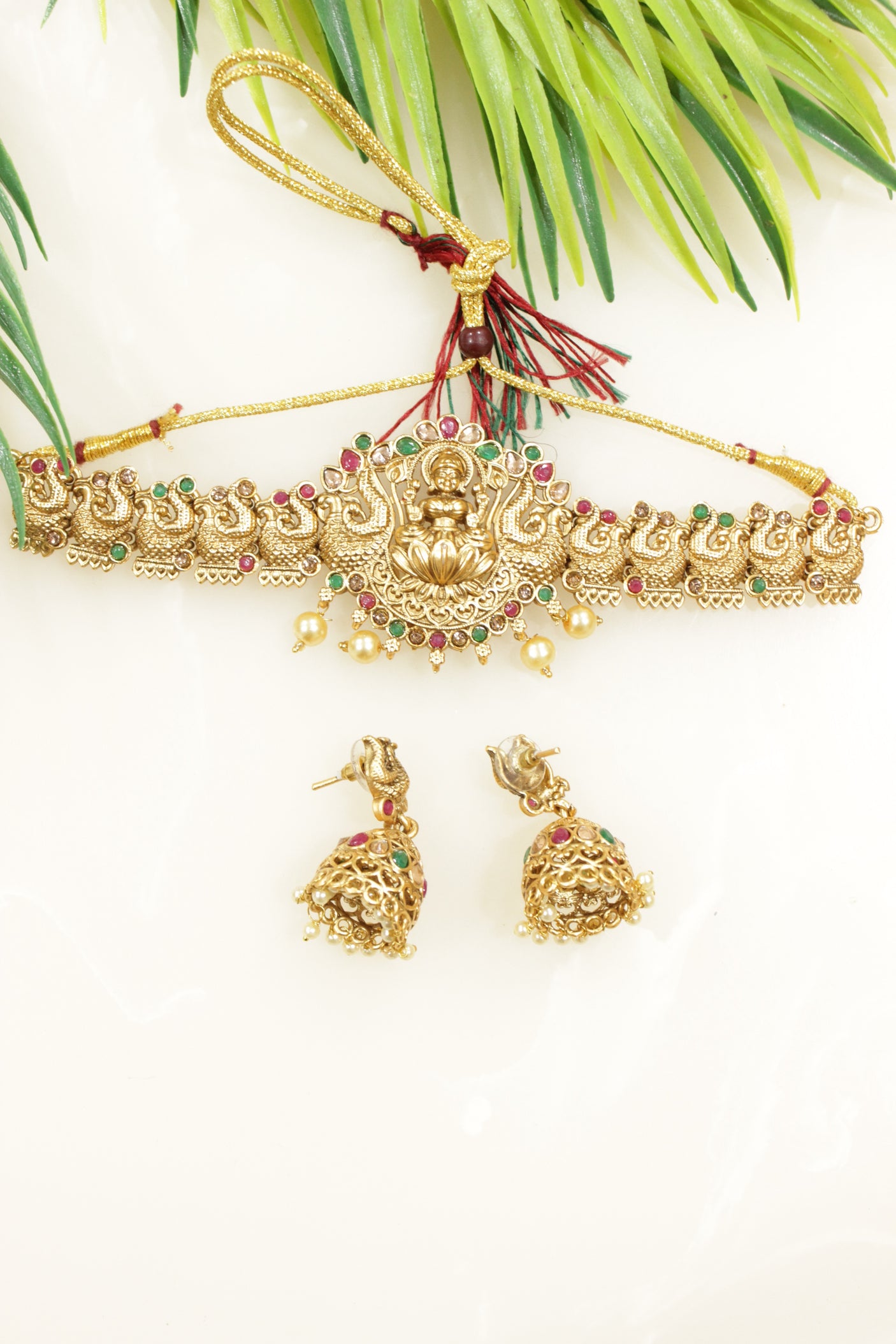 Ruby Red & Green Glass Stones Embedded Relgious Motif Temple Jewelry Adjustable Length Choker Necklace Set