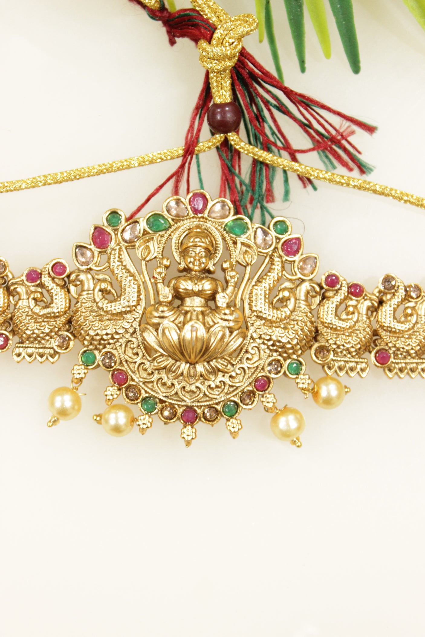 Ruby Red & Green Glass Stones Embedded Relgious Motif Temple Jewelry Adjustable Length Choker Necklace Set