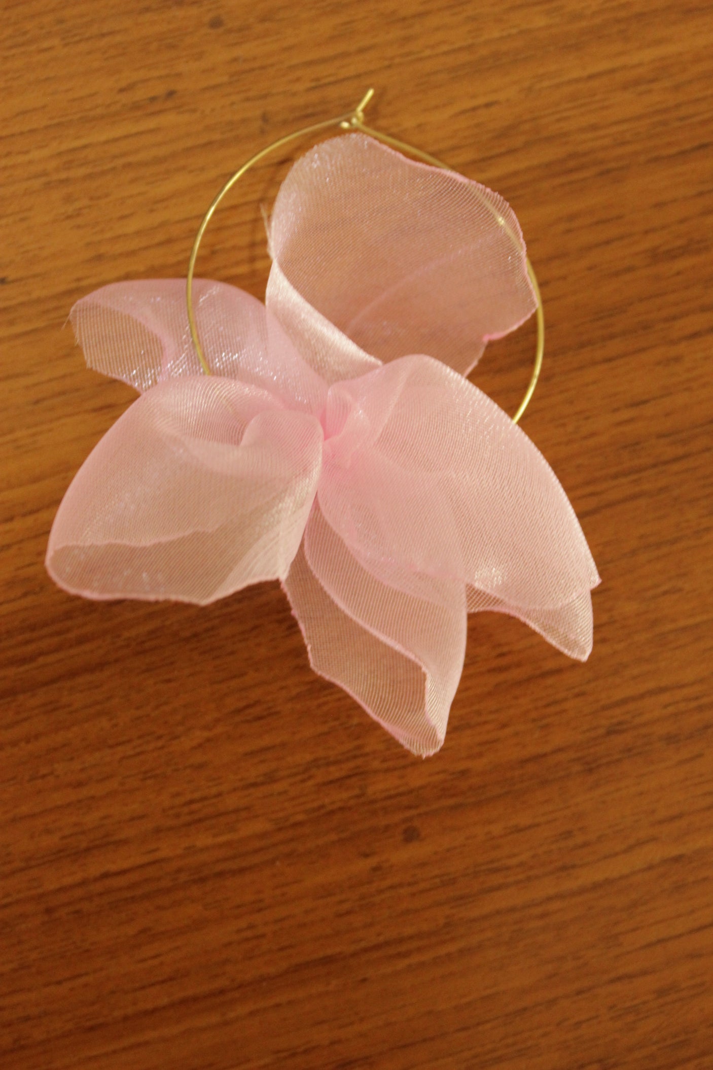 Soft Pink Organza Fabric Flower Gold Toned Hoop Earrings